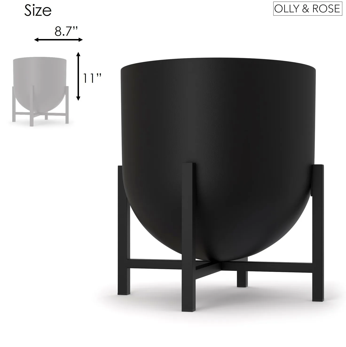 Olly & Rose Maceta con soporte para plantas – Maceteros de metal para interior, maceta grande (negro, 22 cm)
