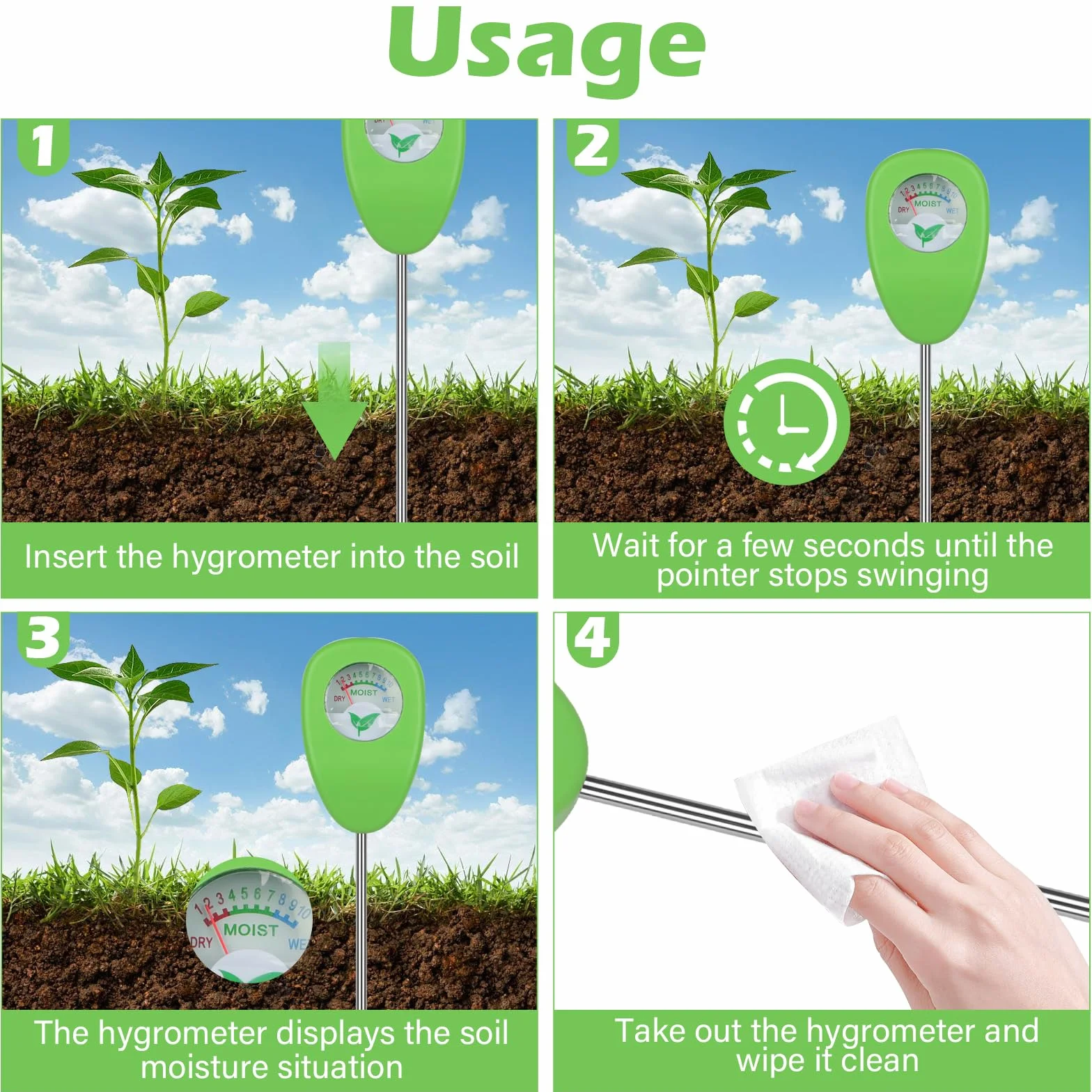 Medidor de Humedad del Suelo, Probador sin Baterías, Higrómetro para Plantas Interior y Exterior, Jardinería