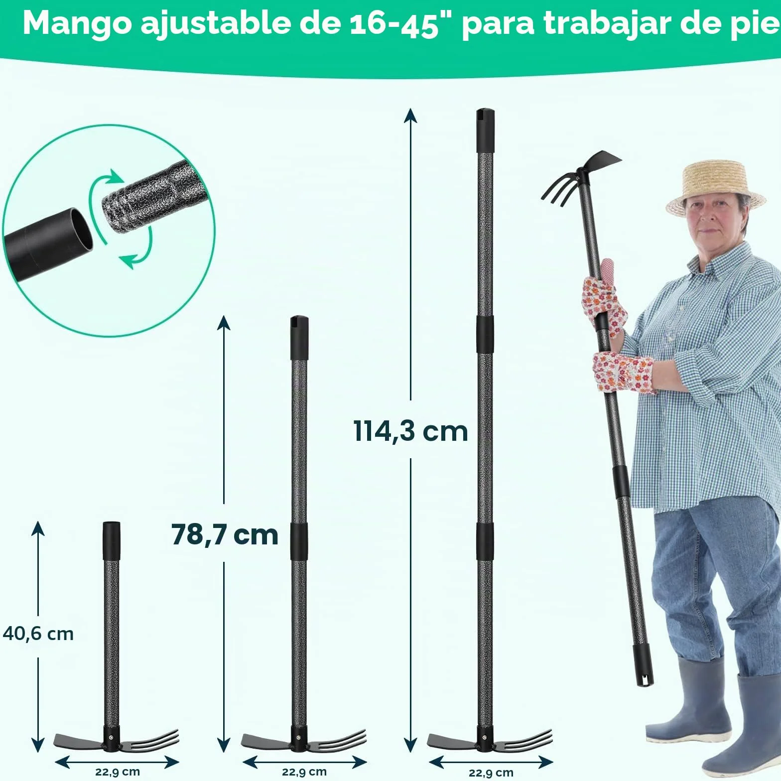Cultivador de jardín y azada doble ajustable 2 en 1 de acero 45 pulgadas