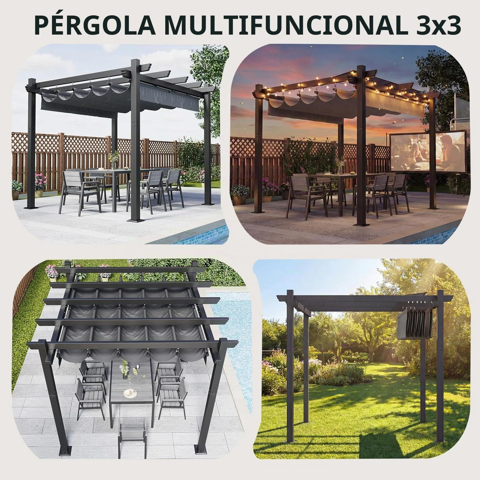 Devoko Pergola Bioclimatica 3x3m, Pergolas de Jardin, con Fijaciones Magnéticas y Zona de Sombra Ajustable, Cenador Pergolas de Aluminio, Adecuada para Escenarios como Jardines y Patios, Negro