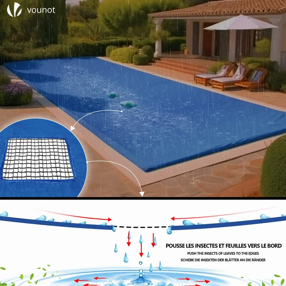 VOUNOT Lona para Piscina Rectangular 8x4 m Cubierta Protectora PE 160 g/m² Anti-UV Ojales Cada 100 cm Azul-Gris