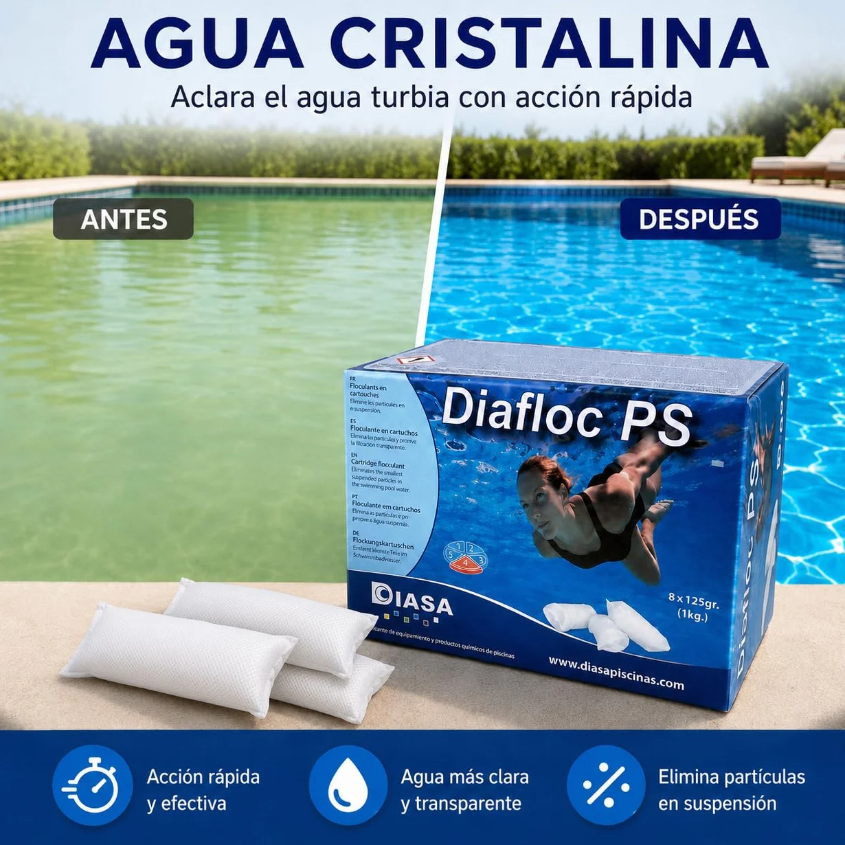 DIASA INDUSTRIAL DIAFLOC PS Floculante Clarificante para Piscinas 1 KG - 8 saquitos de 125 g