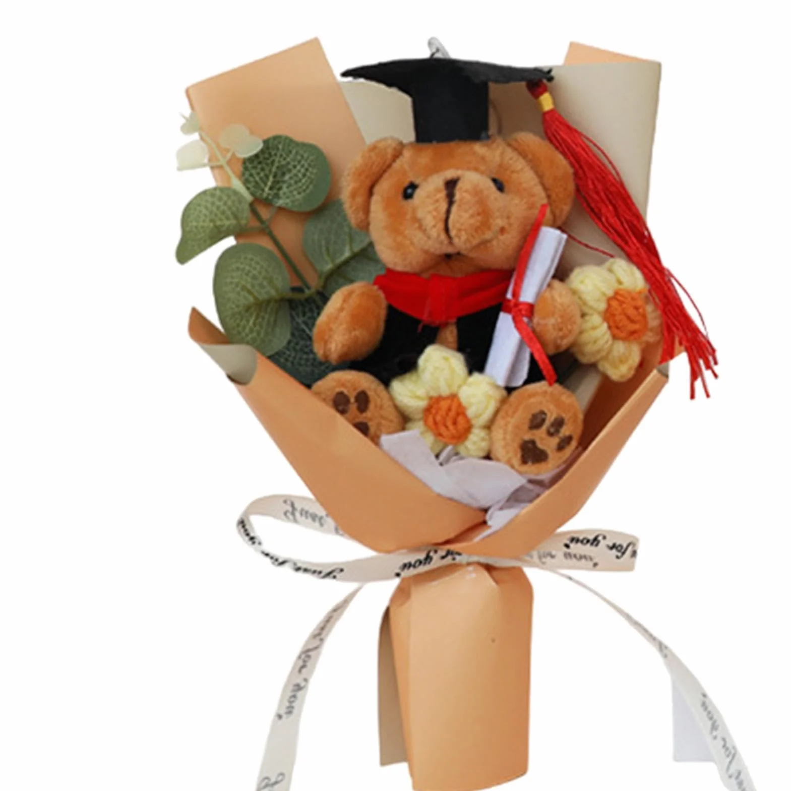 Ramo de Flores de Oso de Graduación, Flores de Ganchillo Hecho a Mano con Oso de Peluche