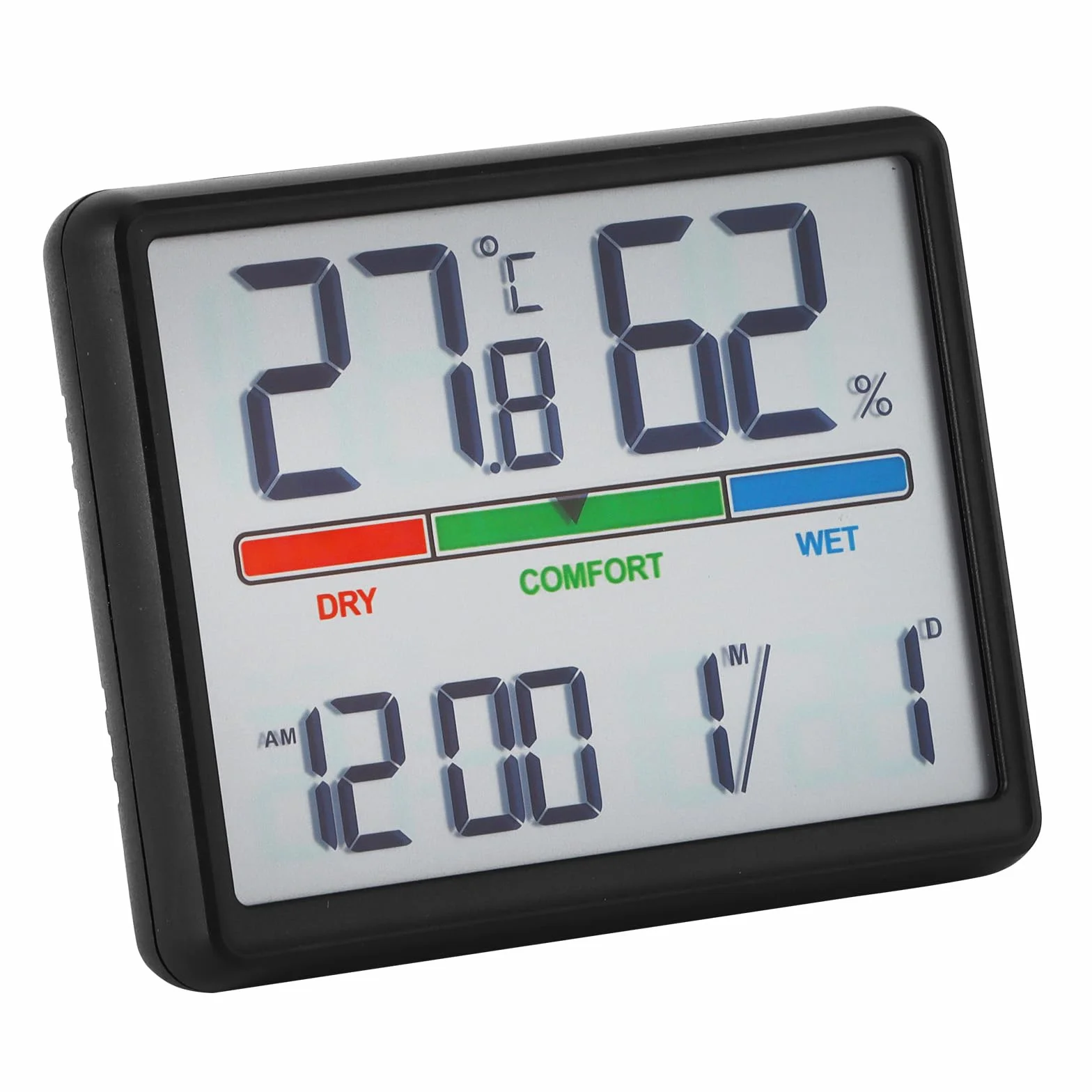 ALLOMN Higrómetro interior digital, medidor de humedad y temperatura, pantalla LCD, termómetro con reloj para invernadero (negro)