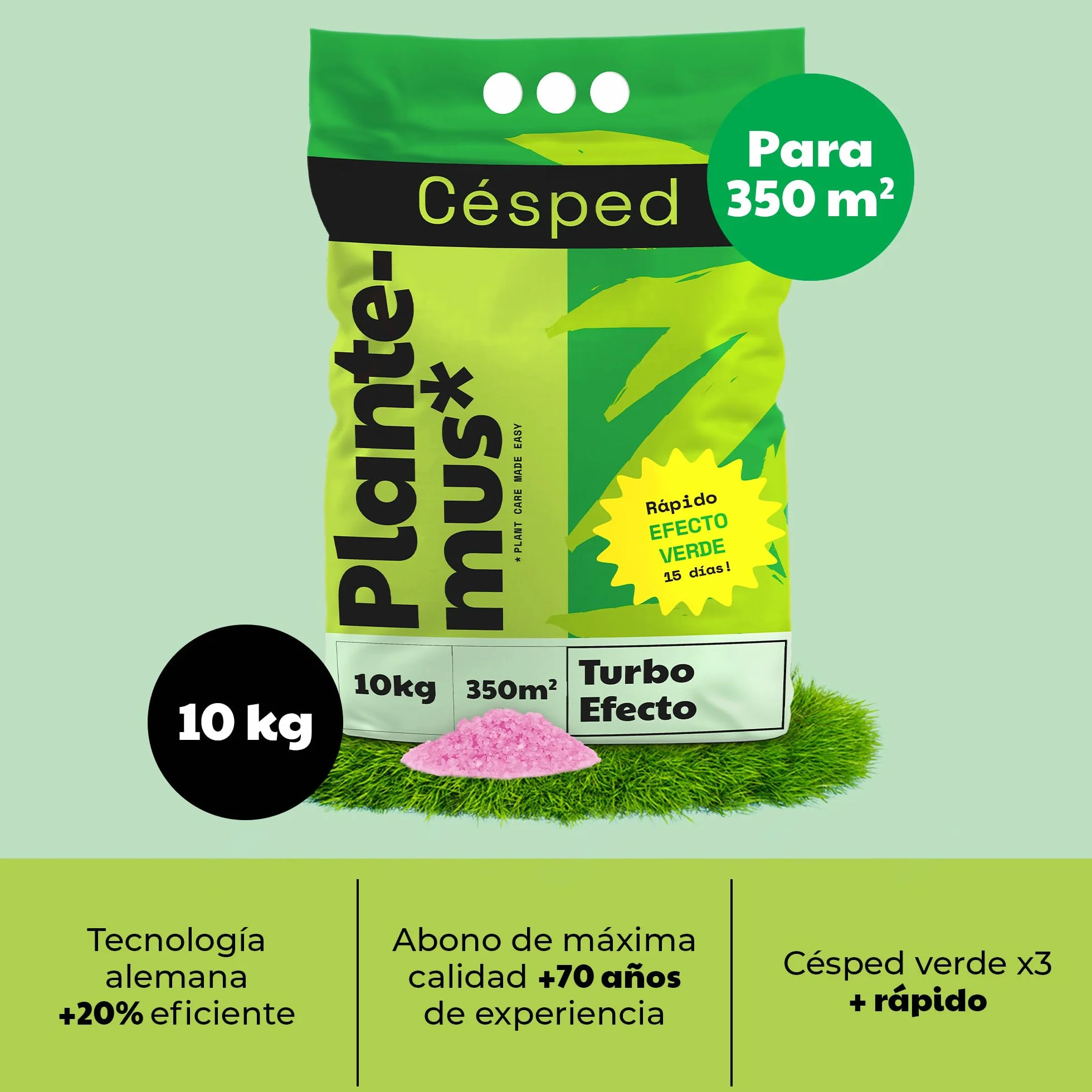 PLANTEMUS Abono Césped Efecto Verde Turbo 350 m² Microcristales Ultrasolubles 10 KG