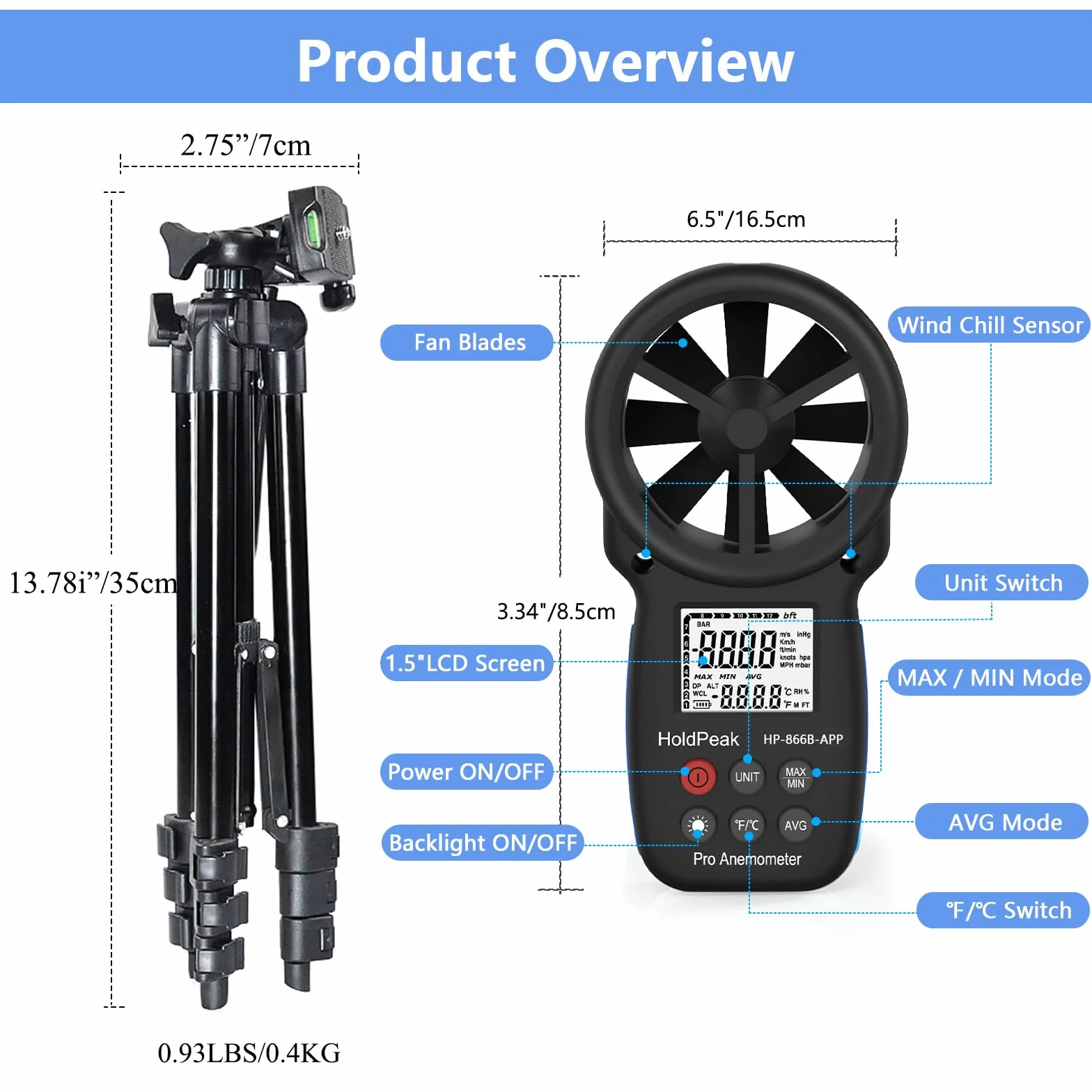 HOLDPEAK HP-866B-APP Anemómetro digital de mano con Bluetooth inalámbrico para medir velocidad del viento, trípope incluido (negro)