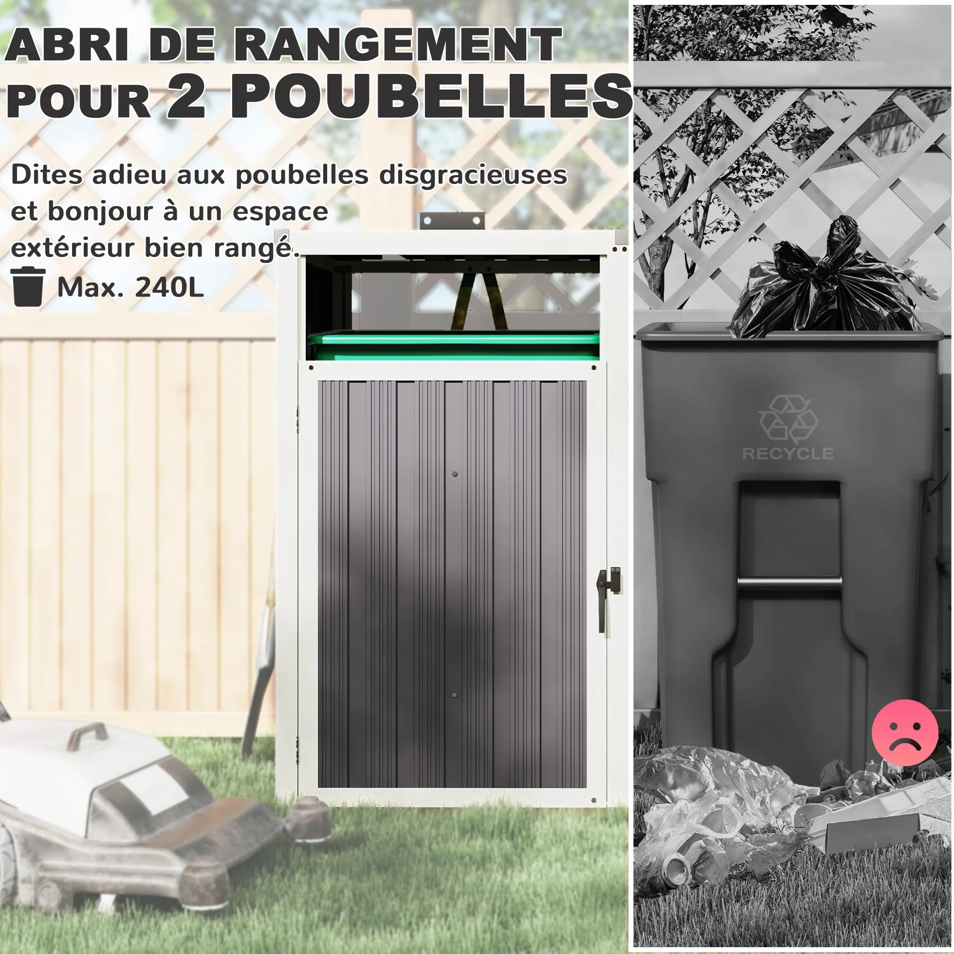 Outsunny Cobertizo para 2 Cubos de Basura 240L, Acero Galvanizado, 73x81x122 cm, Gris Oscuro