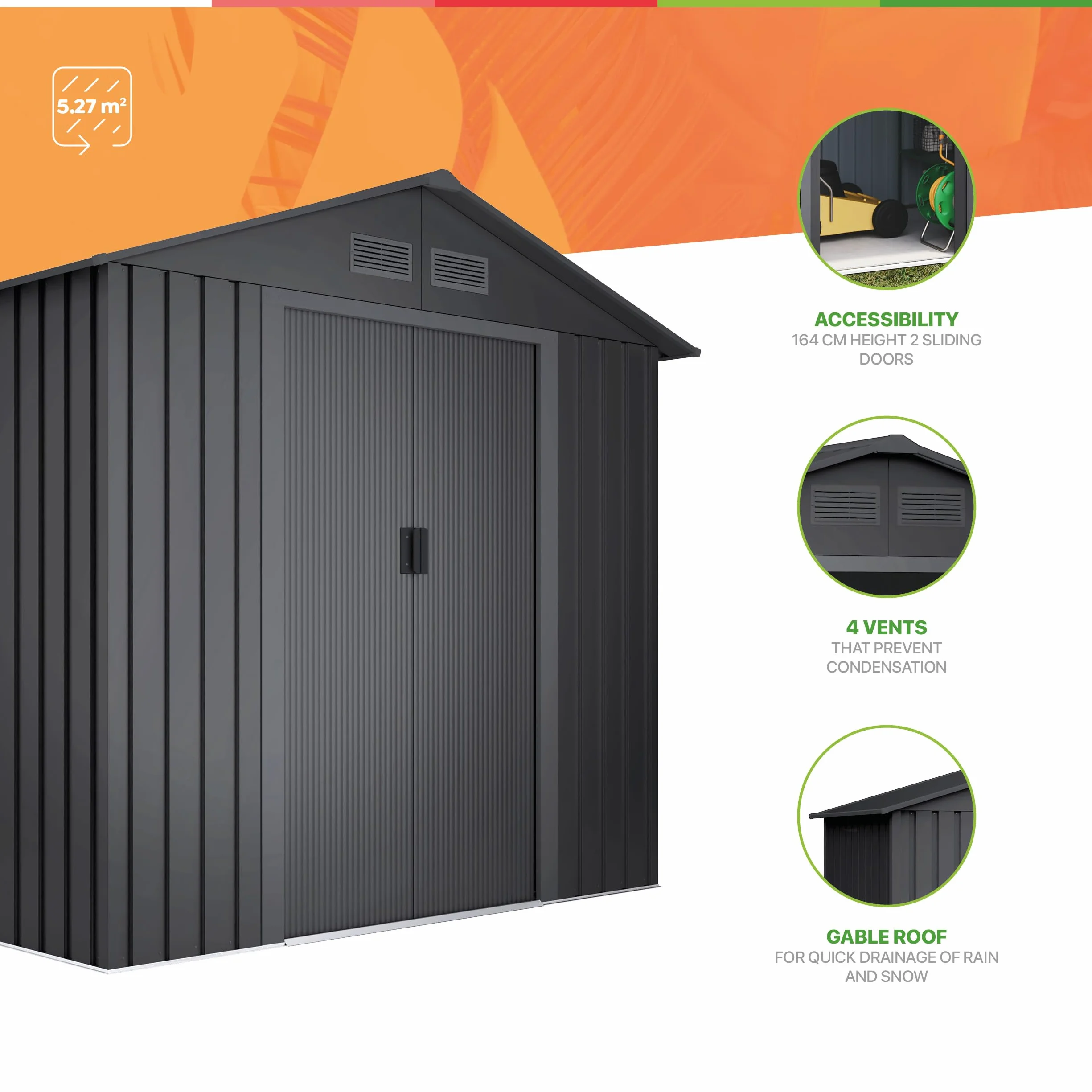 Caseta Metálica de Jardín 5,27m2 Antracita 202x261x202cm Puerta Corredera Doble Rejillas Anticondensación