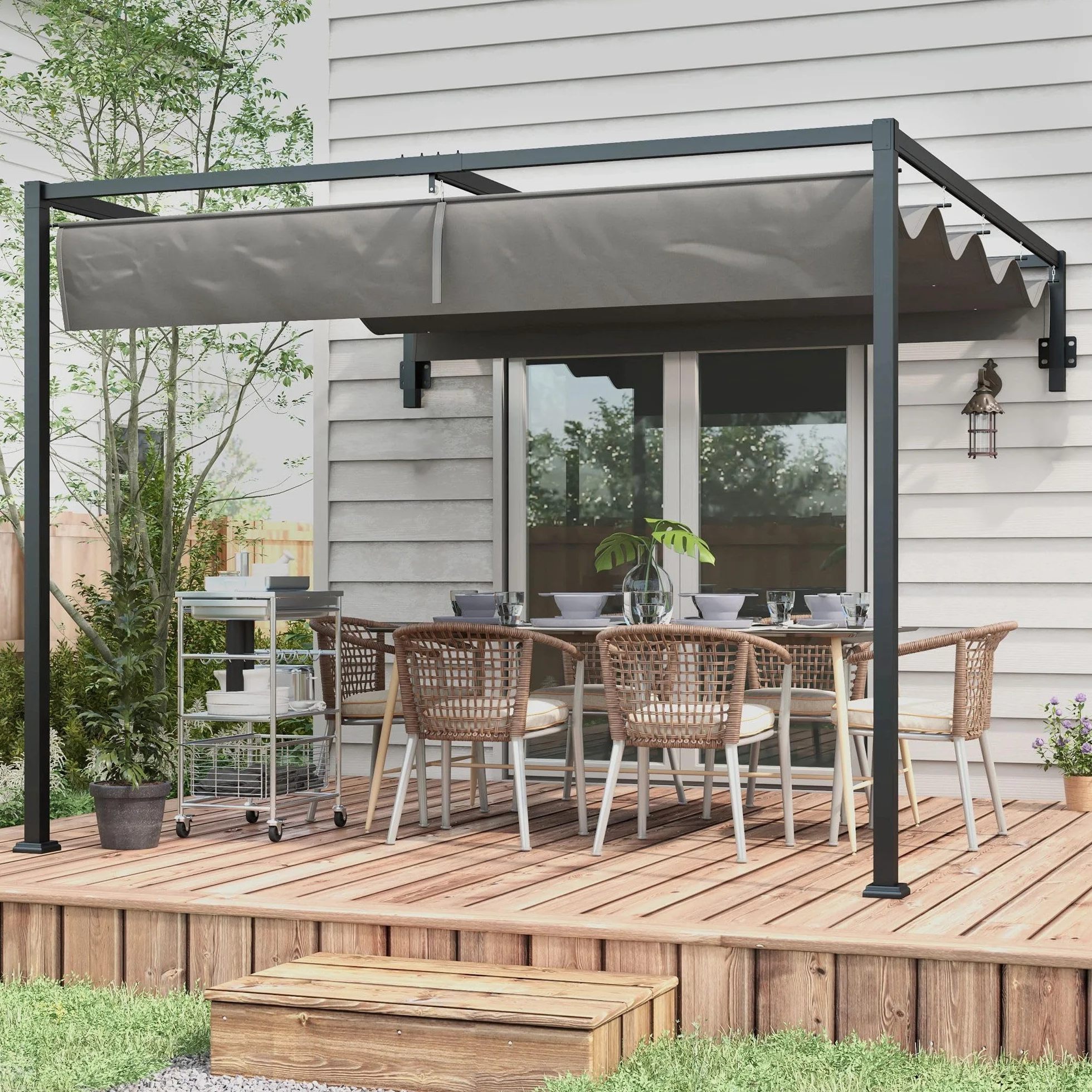 Outsunny Pérgola con Techo Retráctil Pérgola de Pared 3x2 m Cenador con Tela de Poliéster Resistente al Agua Pabellón para Jardín Patio Terraza Exterior Gris Oscuro