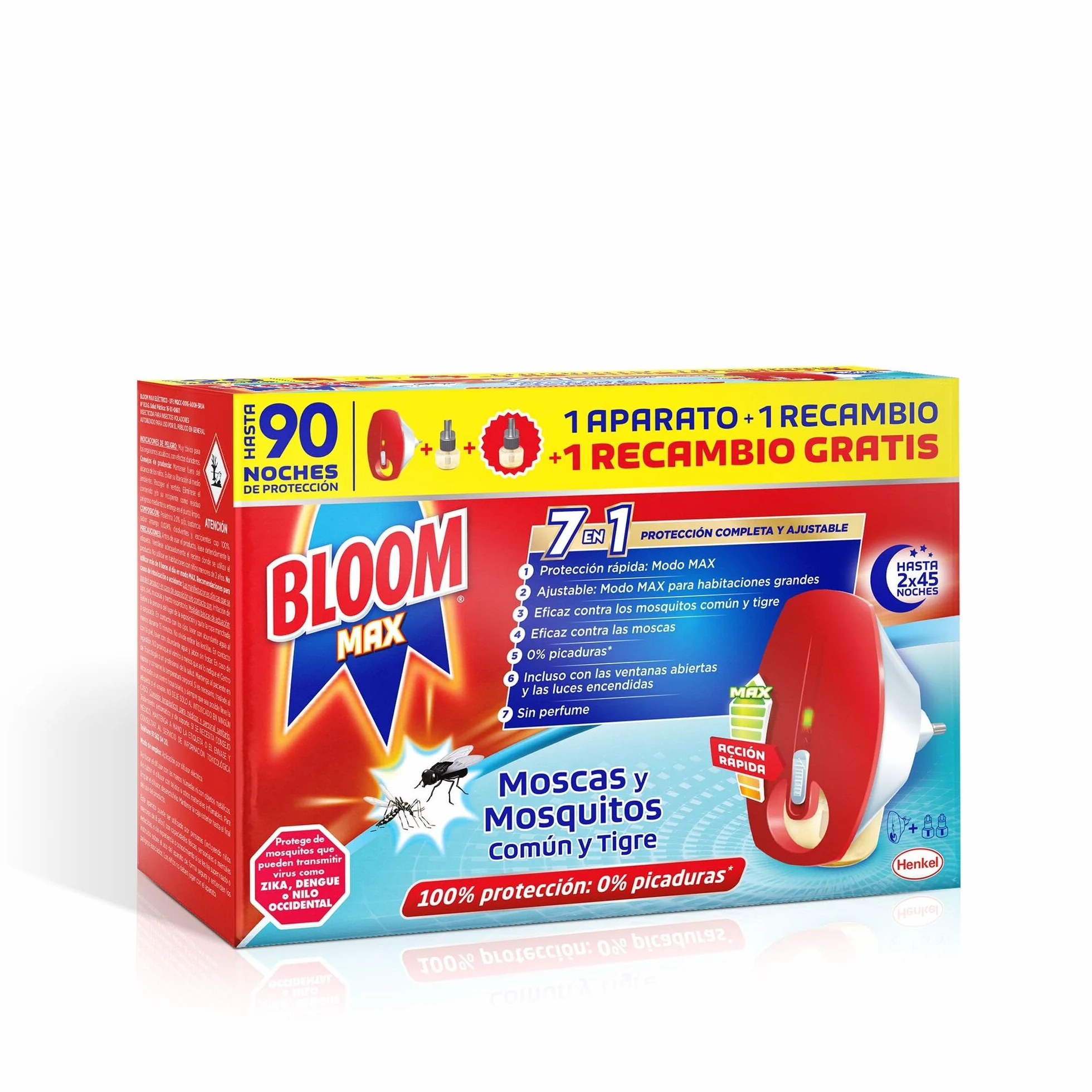 Bloom Max Insecticida Eléctrico Líquido Antimosquitos 7en1, 2 Aparatos + 4 Recambios, 180 Noches de Protección