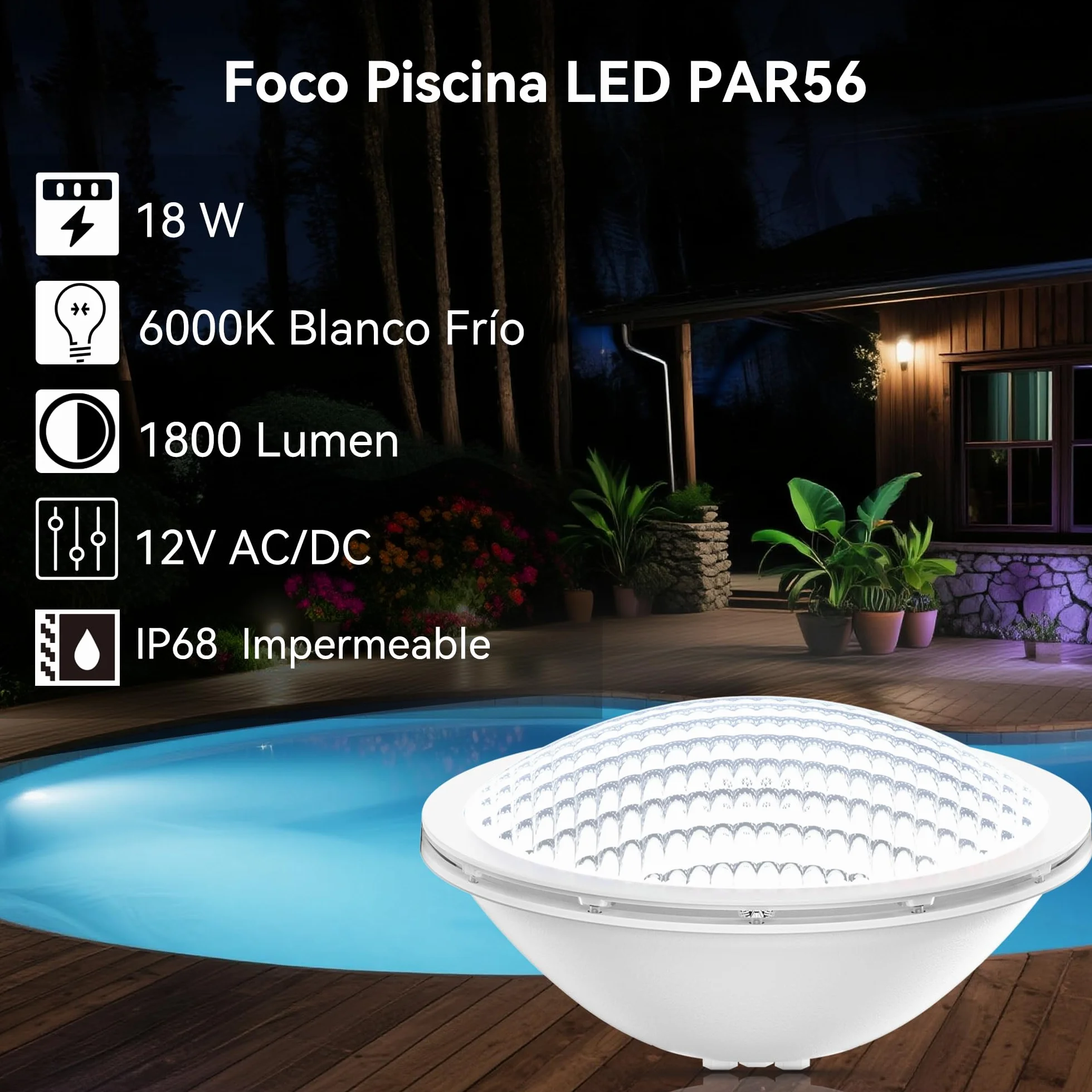 LyLmLe LED Piscina PAR56 18W Foco Sumergible 1800lm 120° IP68 12V DC/AC 6000K