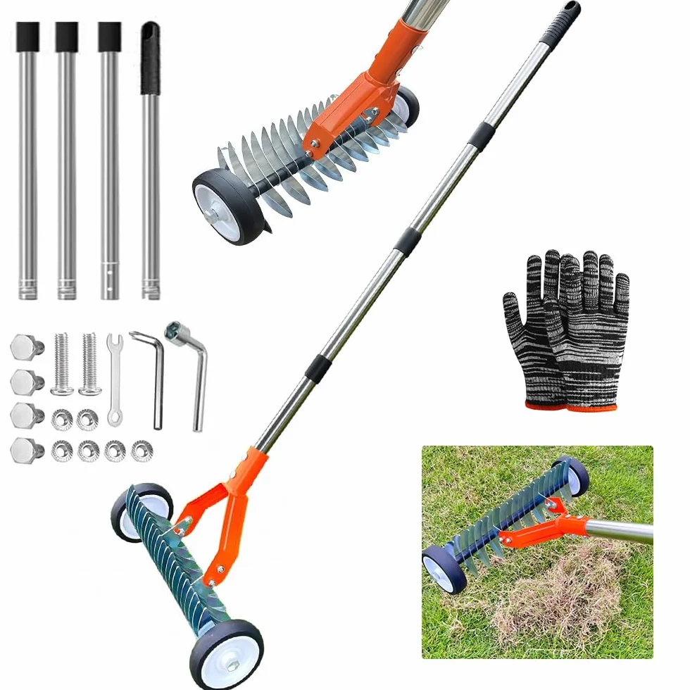 Escarificador Manual con Ruedas, Aireador de Césped con Mango de 165 cm, Rastrillo de Corte de Metal Ajustable