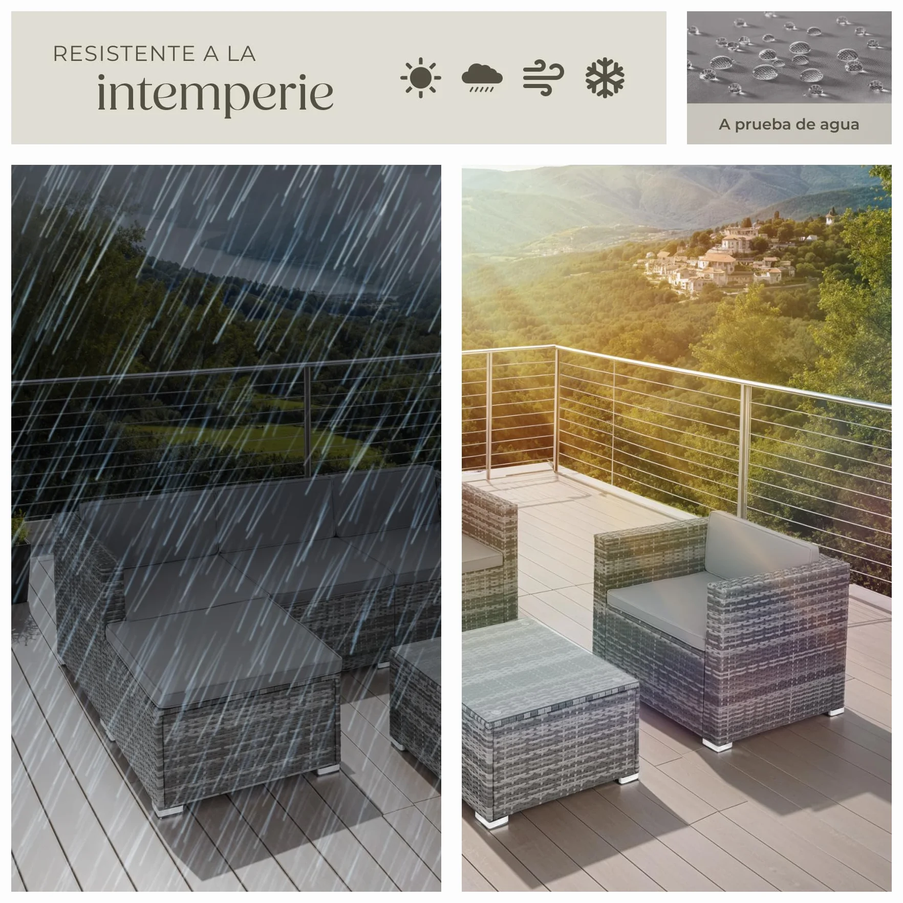 TecTake Conjunto Jardín Ratán Acero 6 Plazas Mesa Cristal Fundas Extraíbles