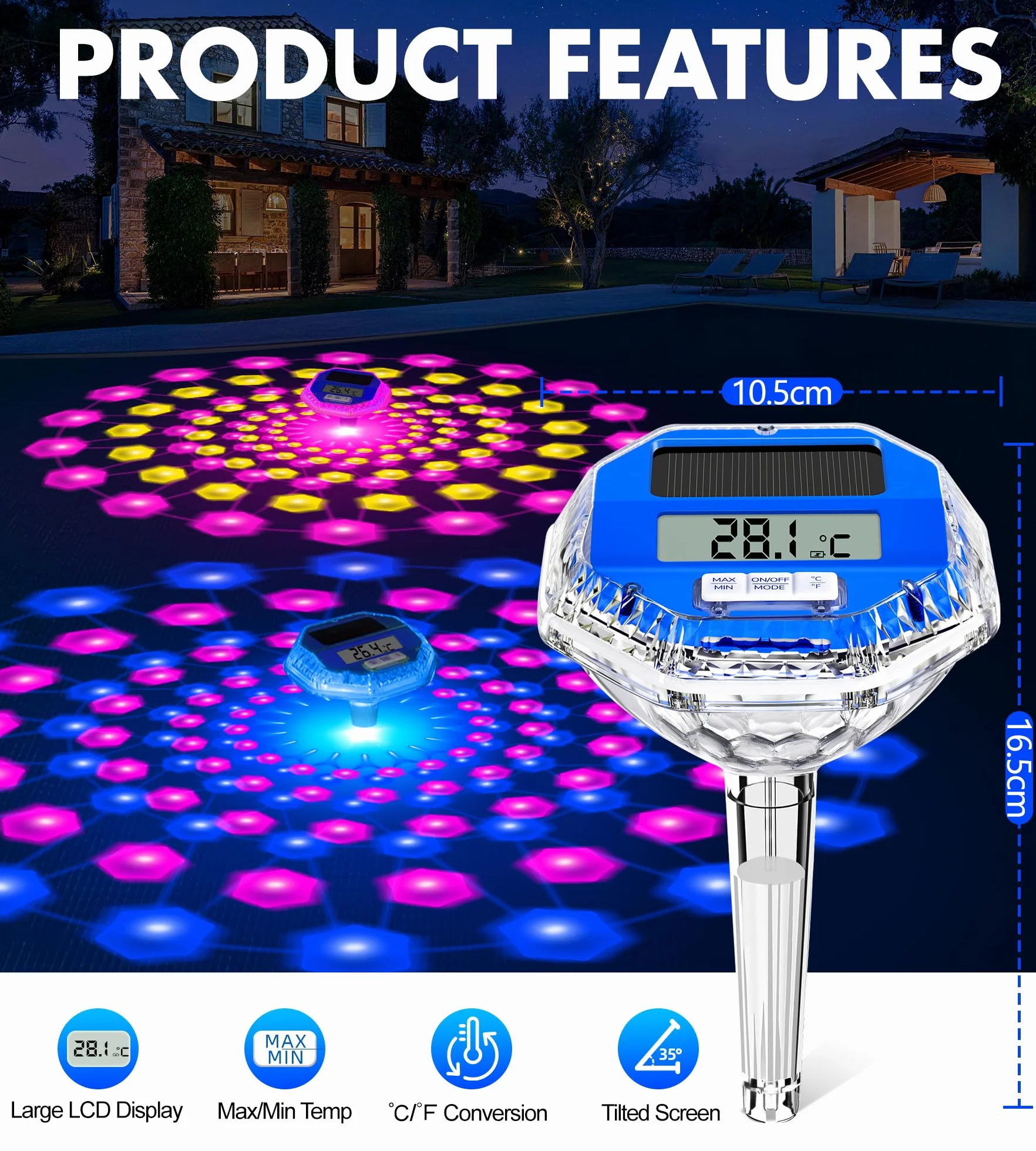 LuxBlue Termómetro Piscina Flotante IP68, Pantalla LCD, Luz Subacuática