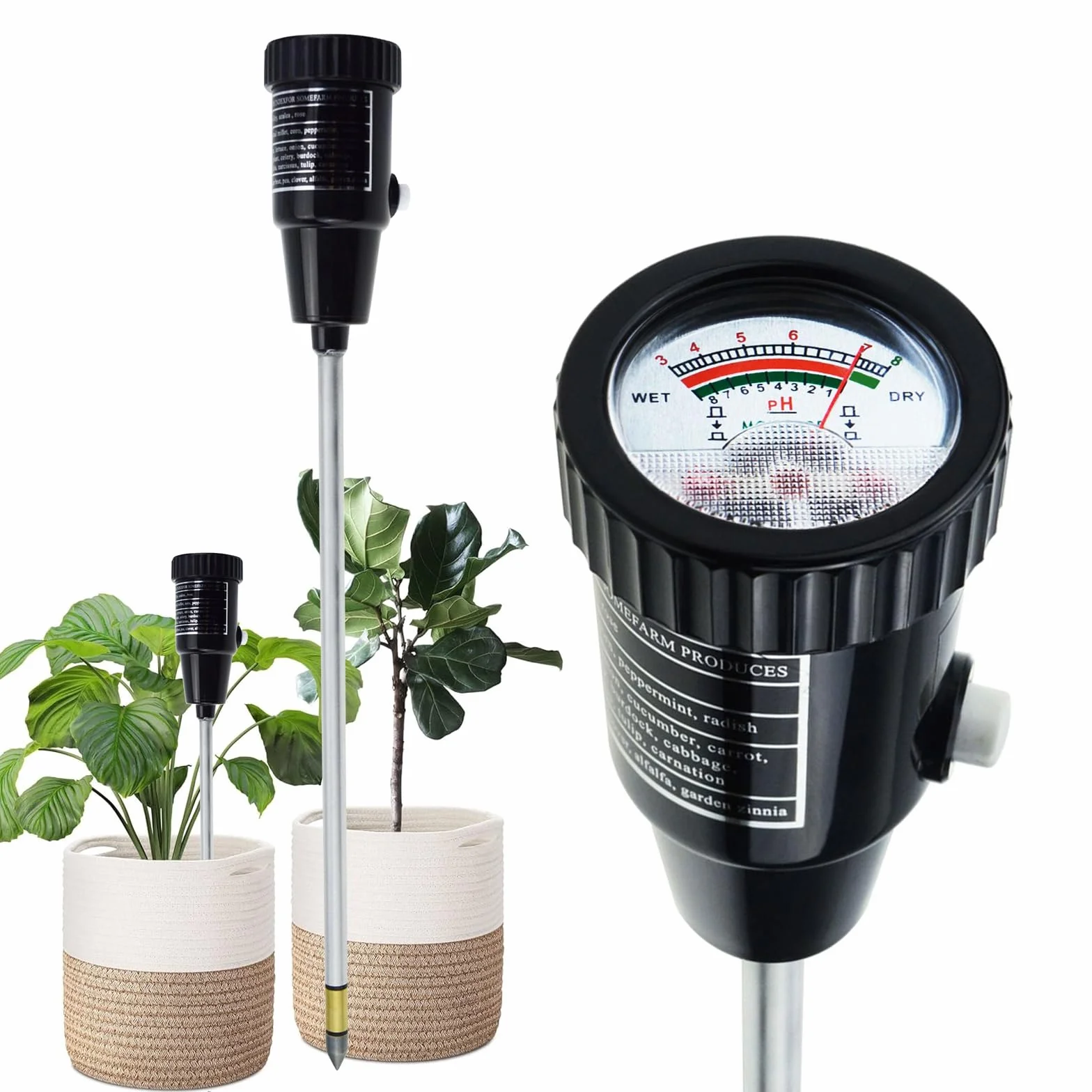 Medidor De PH Y Humedad Del Suelo Con Sonda De Electrodos De 295 Mm De Largo, Herramientas De Kit De Probador De Suelo A Prueba De Agua, Para Jardines Interiores Y Exteriores