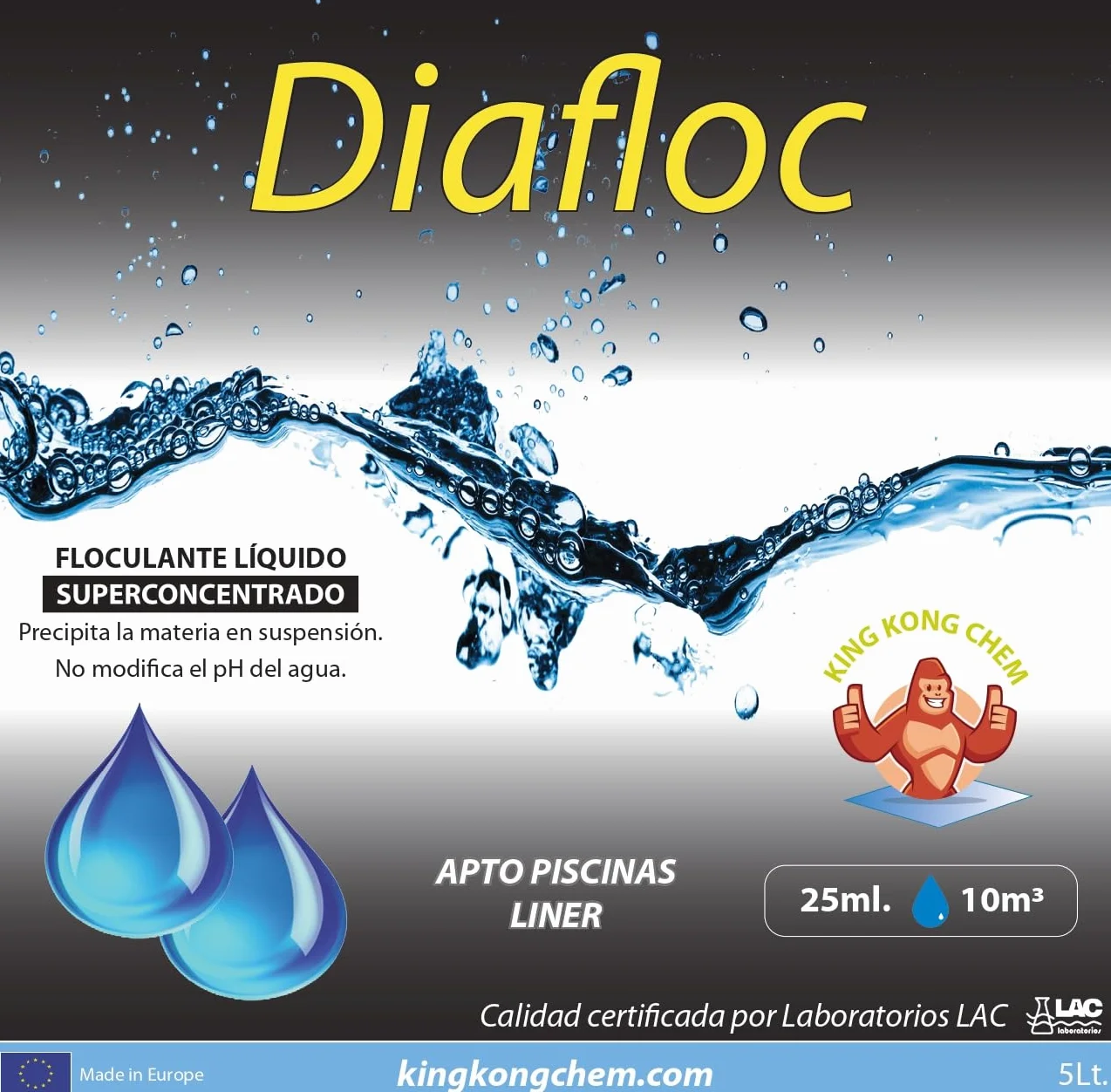 DIASA INDUSTRIAL Floculante líquido para Piscinas SUPERCONCENTRADO - DIAFLOC - clarifica el Agua turbia - 5 litros