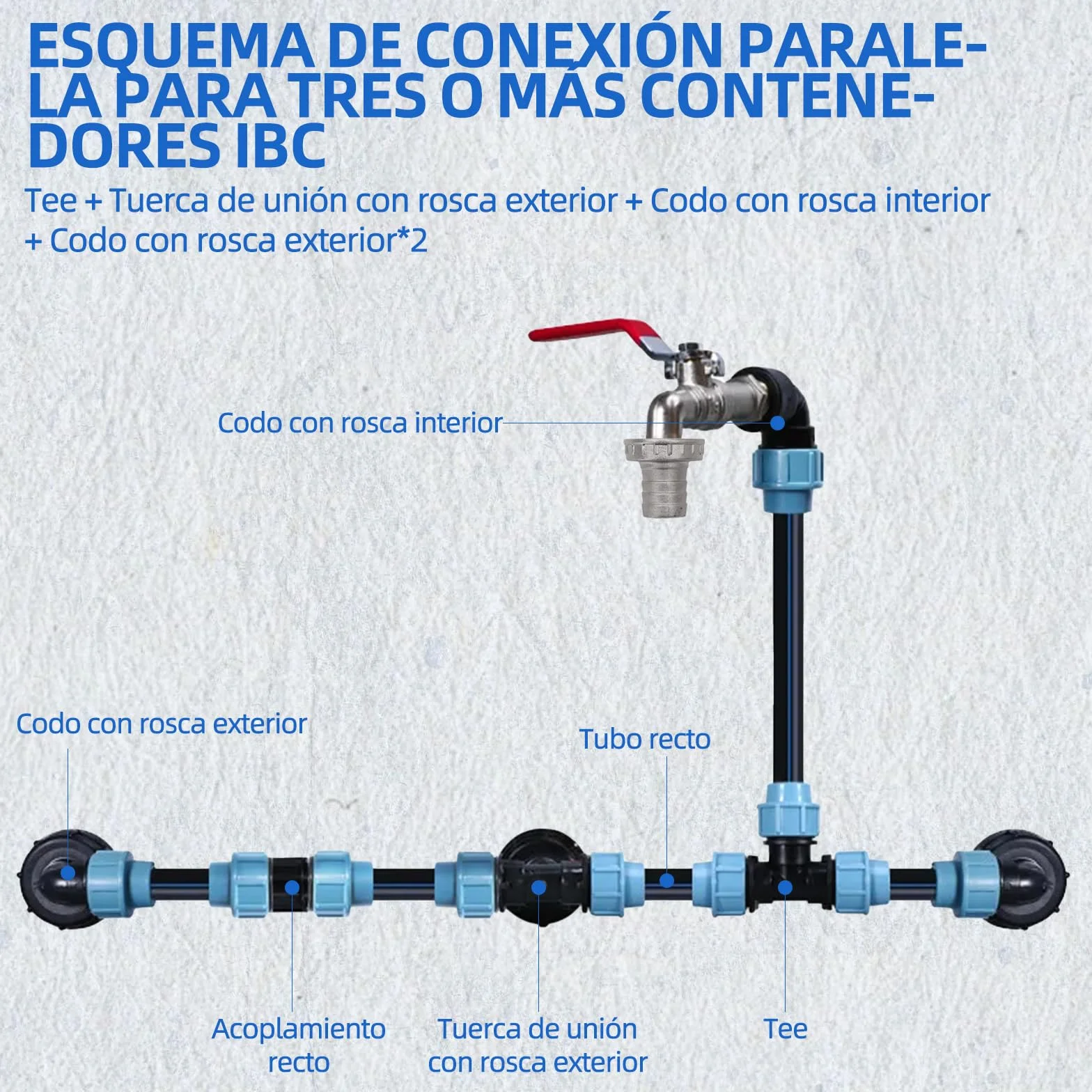 Kit de conexión para 3 depósitos IBC, grifo 3/4", conexión de manguera, riego de jardín