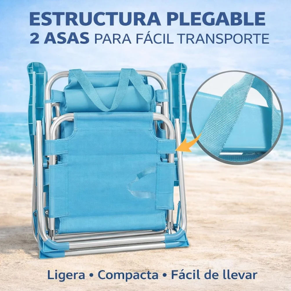 Silla Playa Plegable Metal Tela Textileno 48x62x85 cm Multiposiciones Reclinable Azul Turquesa