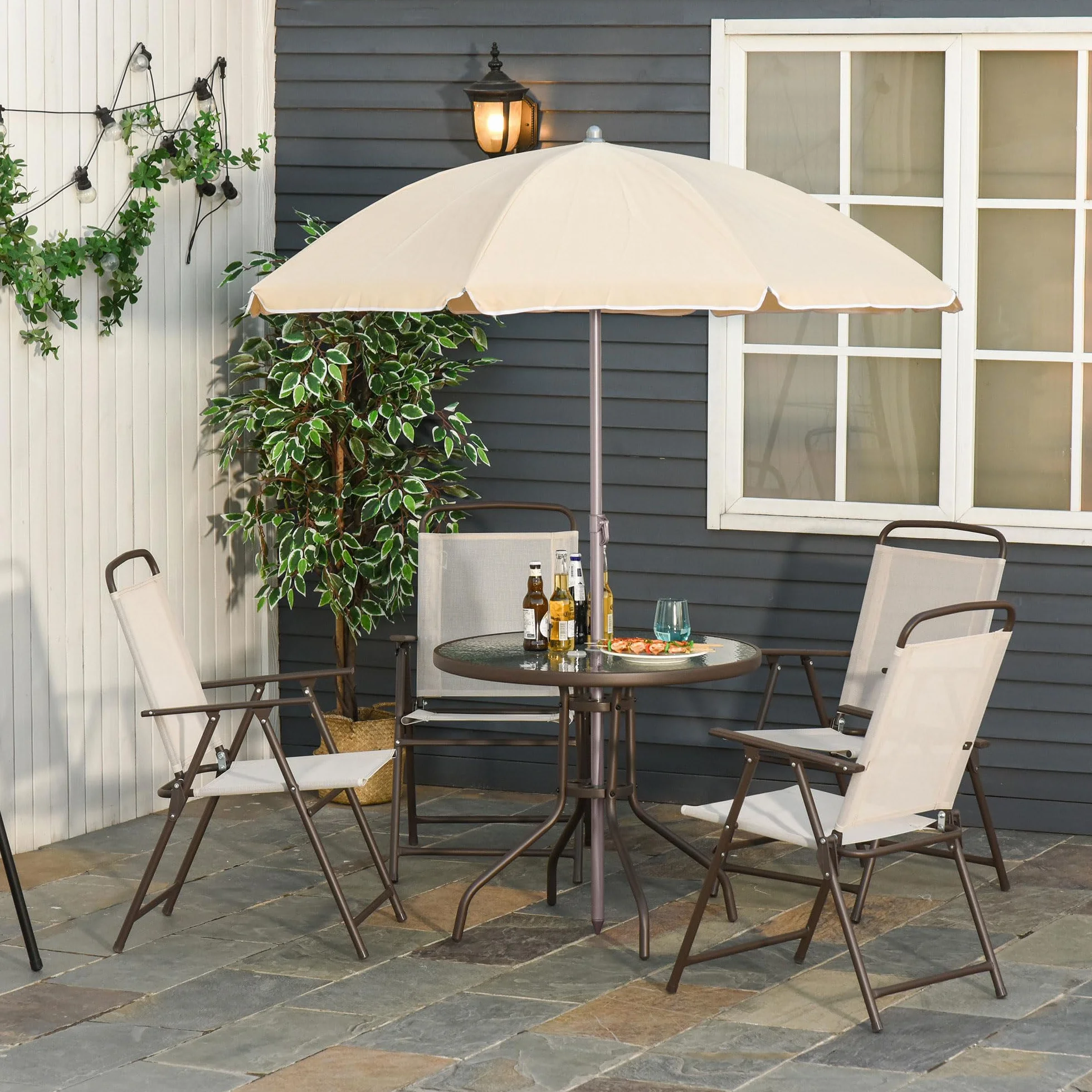 Outsunny Conjunto de Muebles para Jardín con 4 Sillas 1 Mesa y 1 Parasol Texteline Aluminio y Poliéster Beige