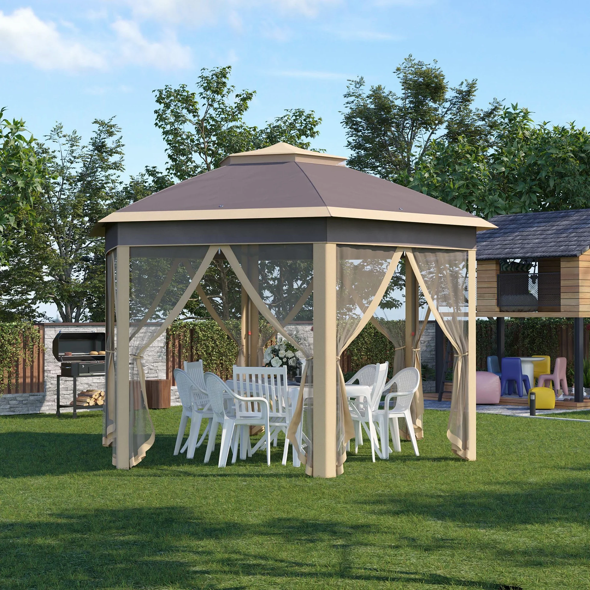 Outsunny Carpa Plegable 4x3,4x2,85 m Cenador de Jardín Hexagonal con Doble Techo 6 Mosquiteras Desmontables Bolsa de Transporte Altura Ajustable en 3 Niveles y Anti-UV Gazebo para Fiesta Patio Beige