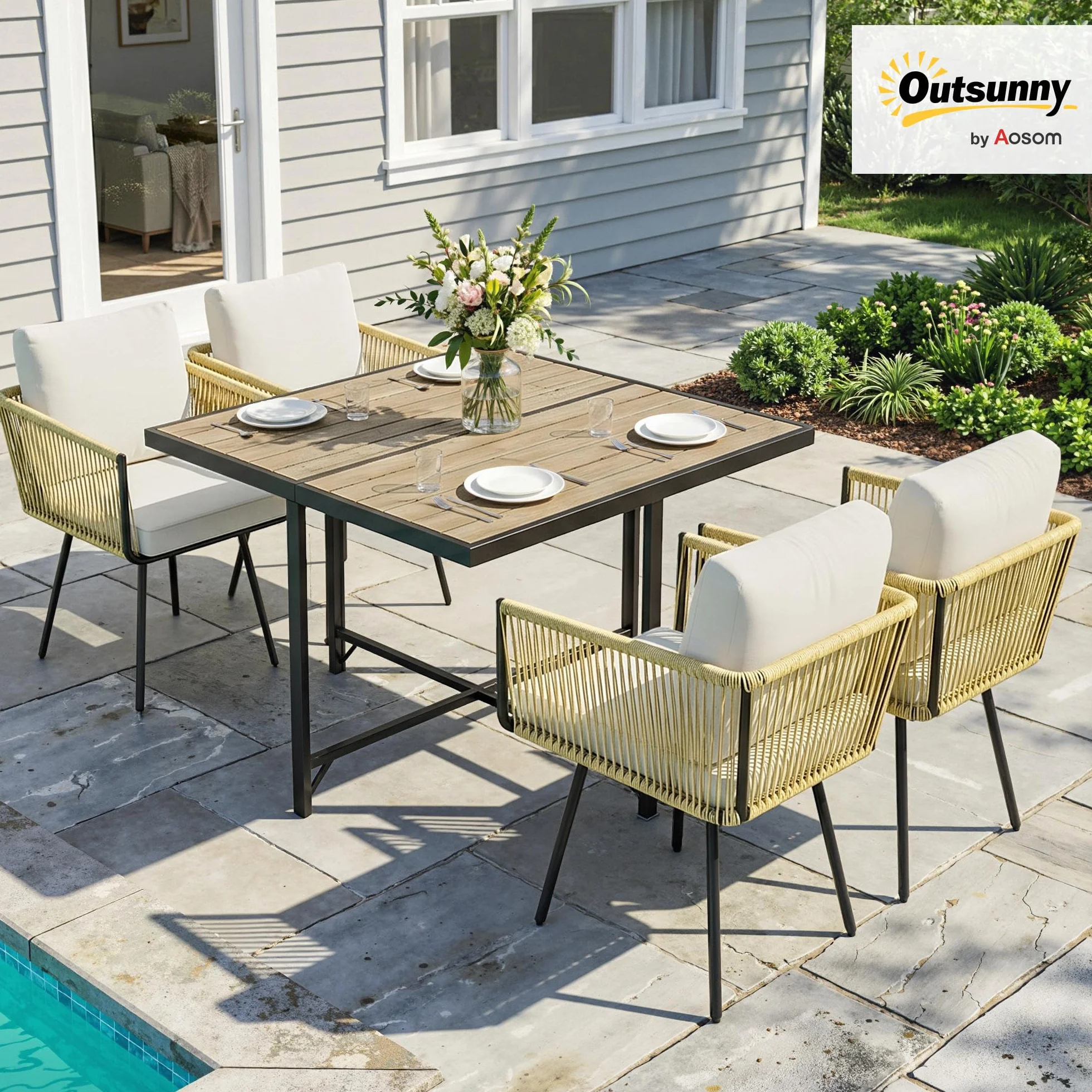 Outsunny Conjunto de Mesa y Sillas Jardín de Ratán de 5 Piezas, Muebles Jardín Exterior con Mesa de Plástico-Madera y 4 Sillas con Cojines Extraíbles, Marco de Metal Resistente para Terraza, Beige