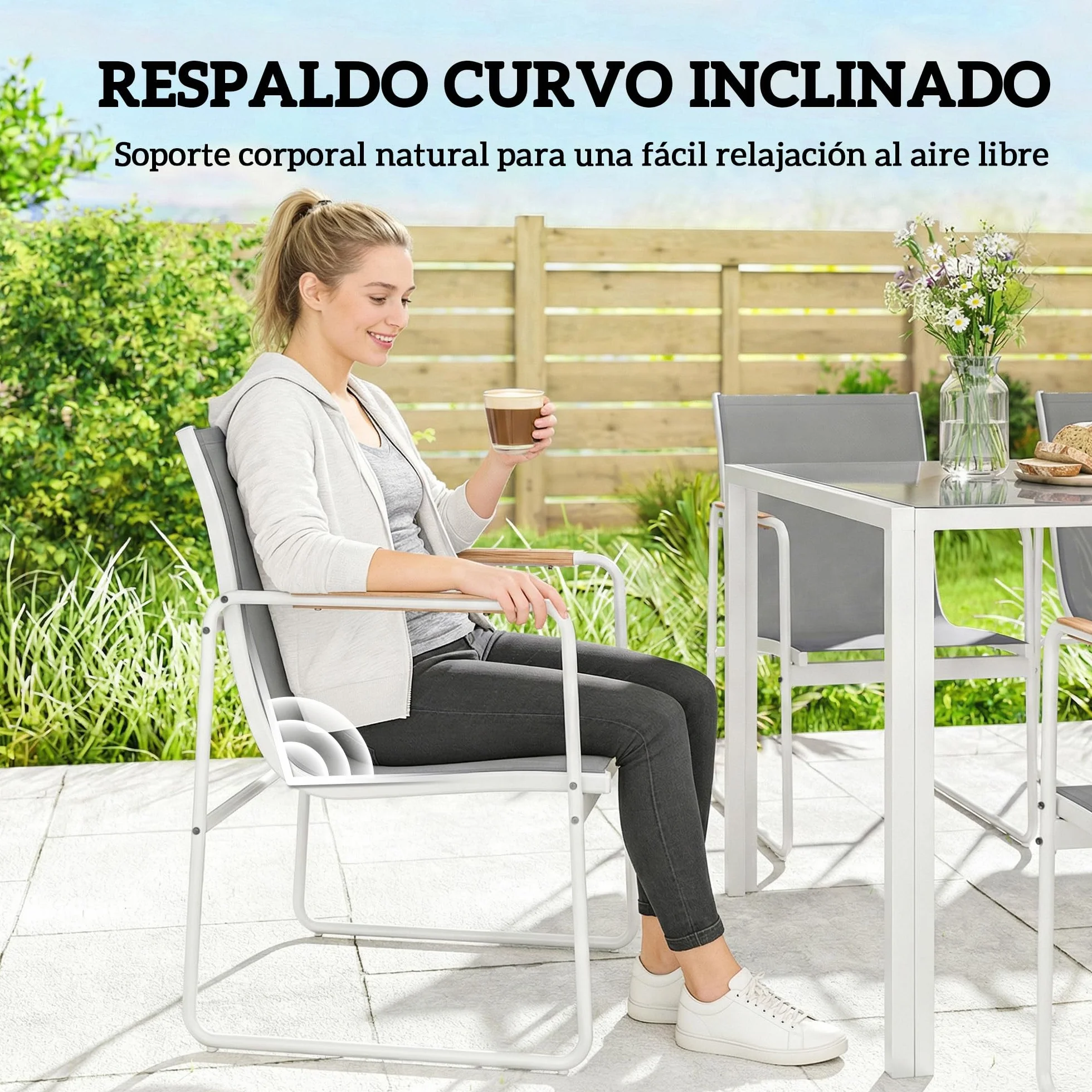 Outsunny Conjunto de Mesa y Sillas Jardín de 7 Piezas, Muebles Jardín Exterior con Mesa de Vidrio Templado, 6 Sillas Transpirables Decorativas, Marco de Acero Resistente a la Intemperie, Blanco y Gris