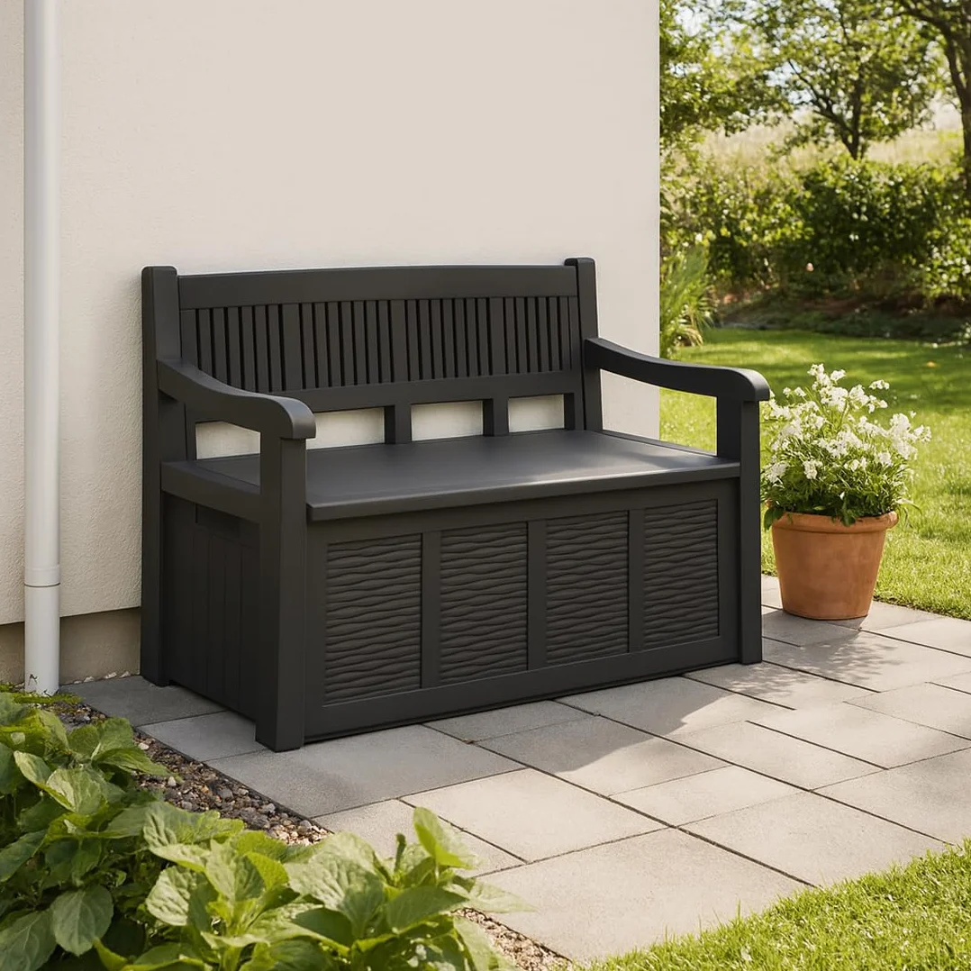 Banco de Jardin con Baul Almacenaje Integrado 130x60x85 Respaldo Alto Apoyabrazos Antracita 280L