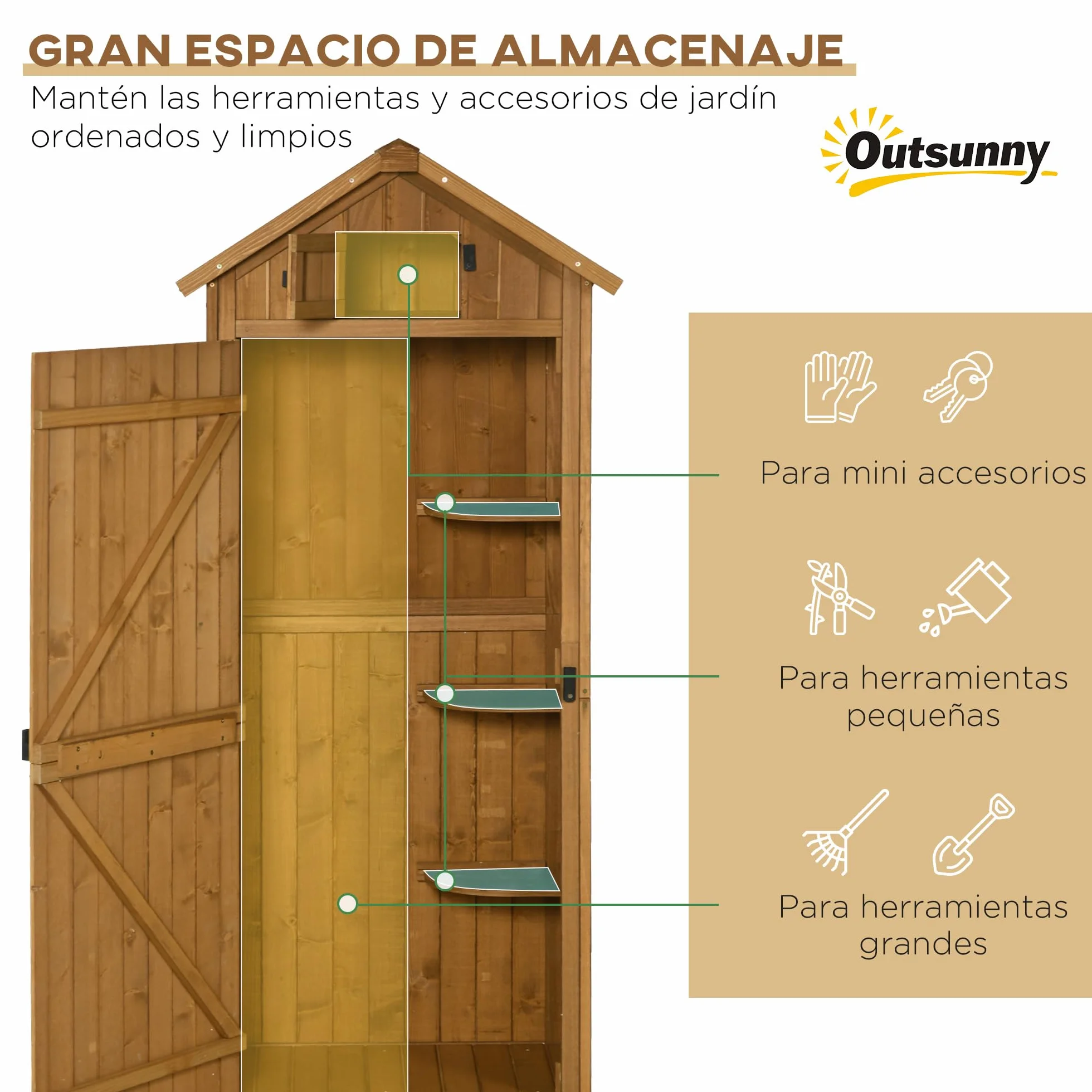 Outsunny Armario de Jardín Madera 77x54,2x179 cm Cobertizo Almacenaje Herramientas 3 Estantes 2 Puertas Cerrojo