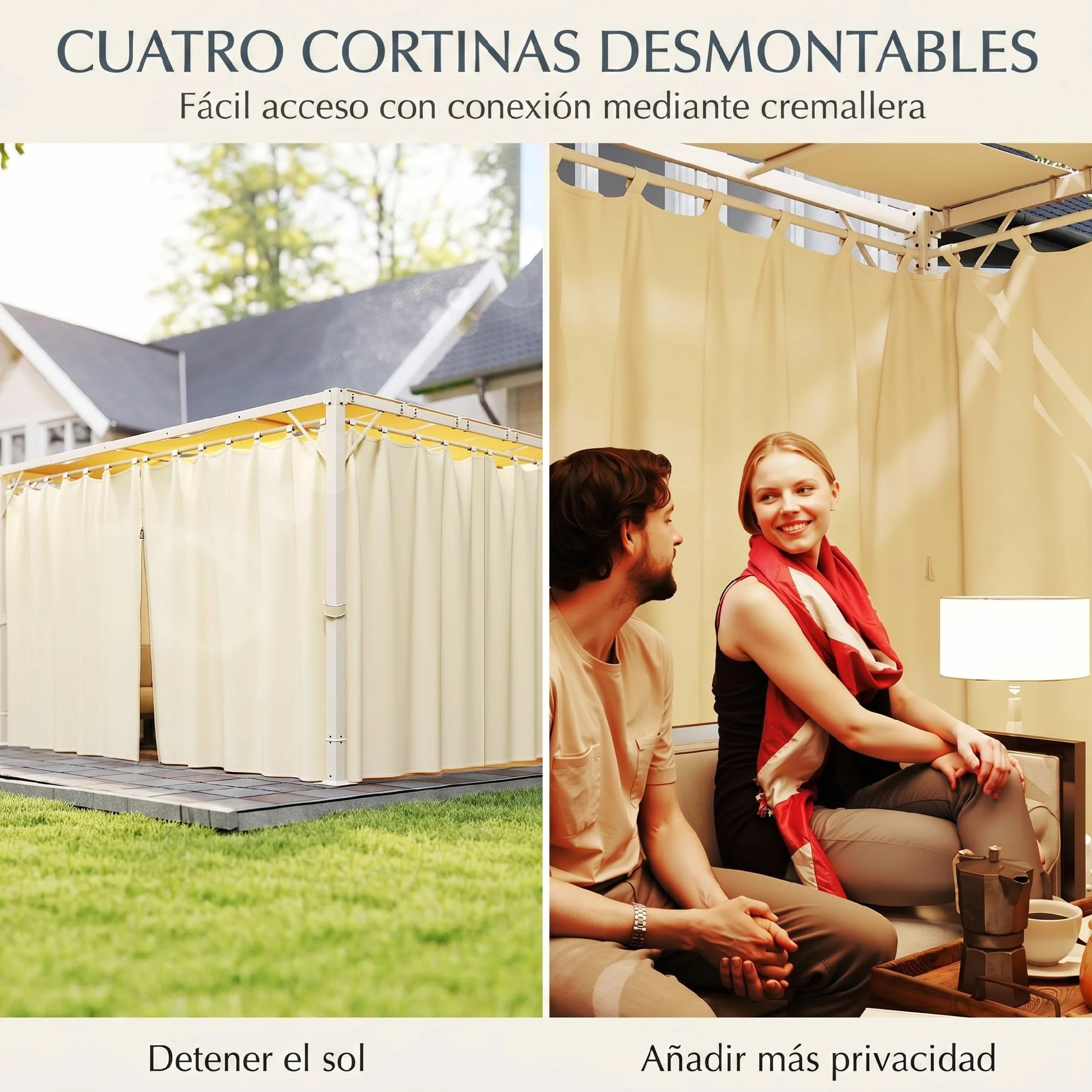 Outsunny Pérgola de Jardín 3x4 m Cenador con Techo Ondulado, Cortinas Desmontables, Estructura Acero, Protección UPF50+, Beige