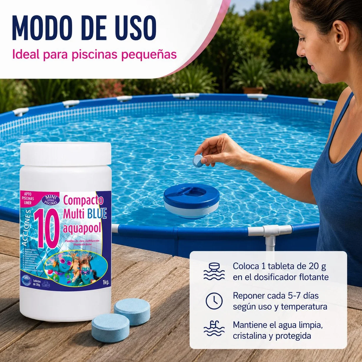 Cloro Mini Piscinas Aquapool Tabletas 1 kg Apto para POLIÉSTER Liner