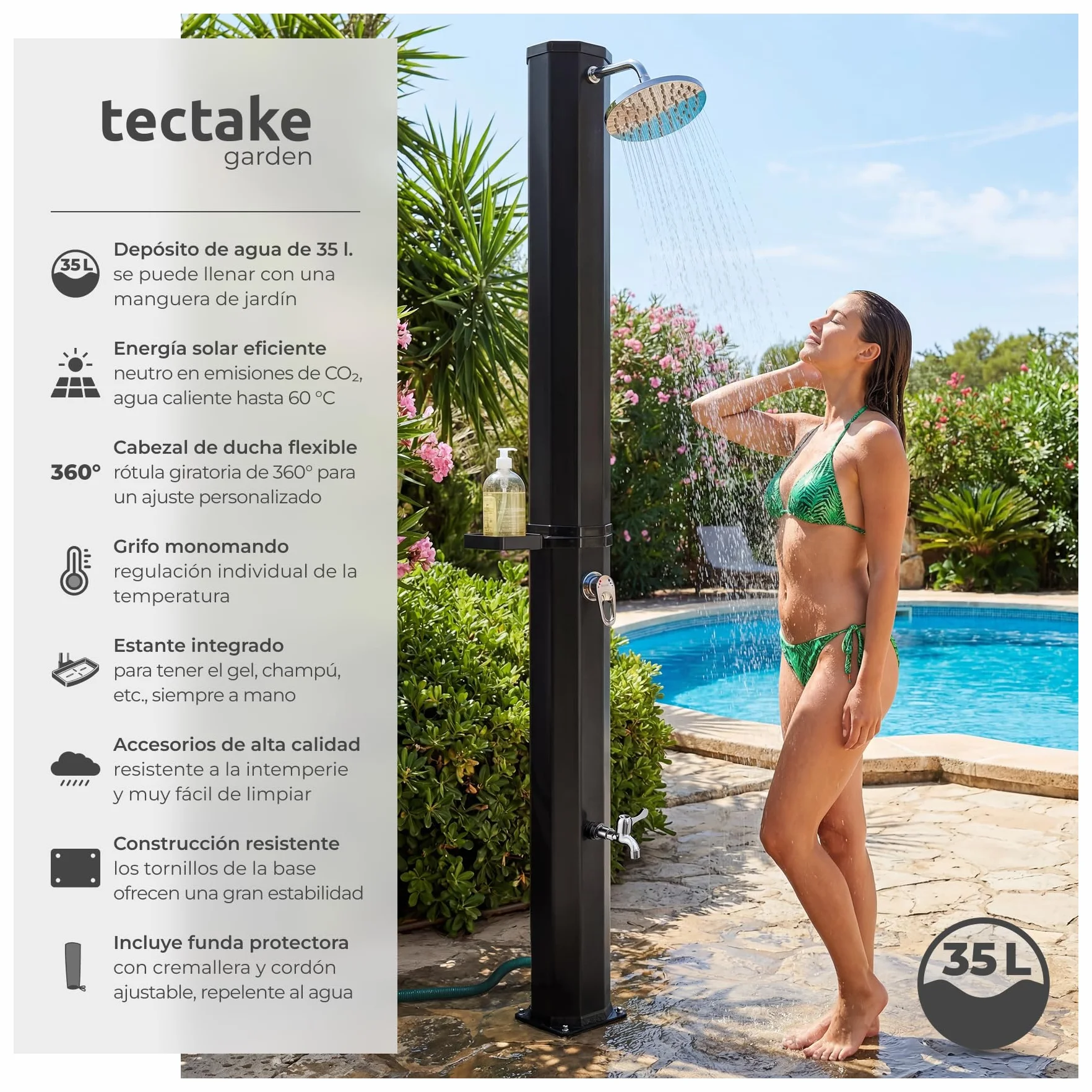 Tectake Ducha Exterior Solar 35 L Negro Resistente Intemperie Alcachofa 360°