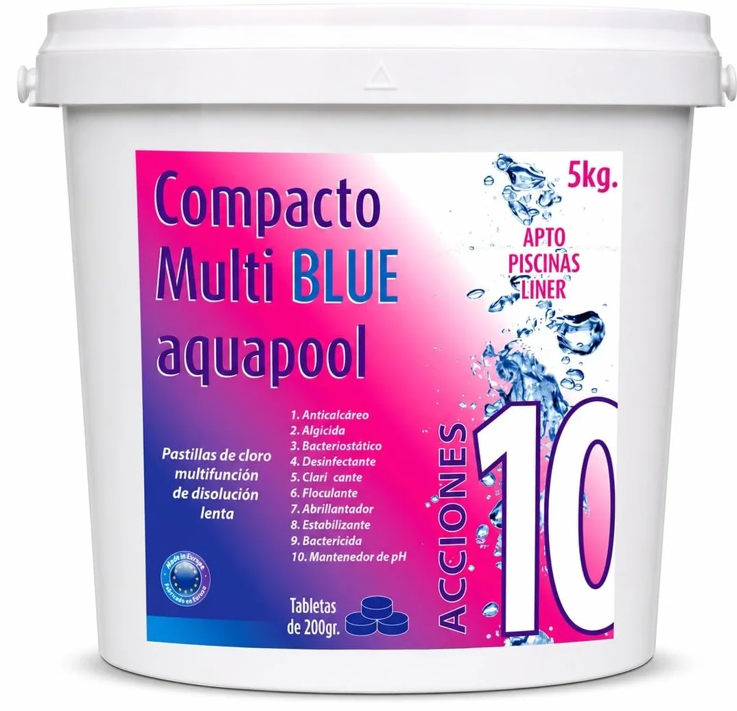 Aquapool Compacto 10 ACCIONES Pastillas de Cloro multifunción Disolución Lenta Apto Piscinas Liner 5 KG