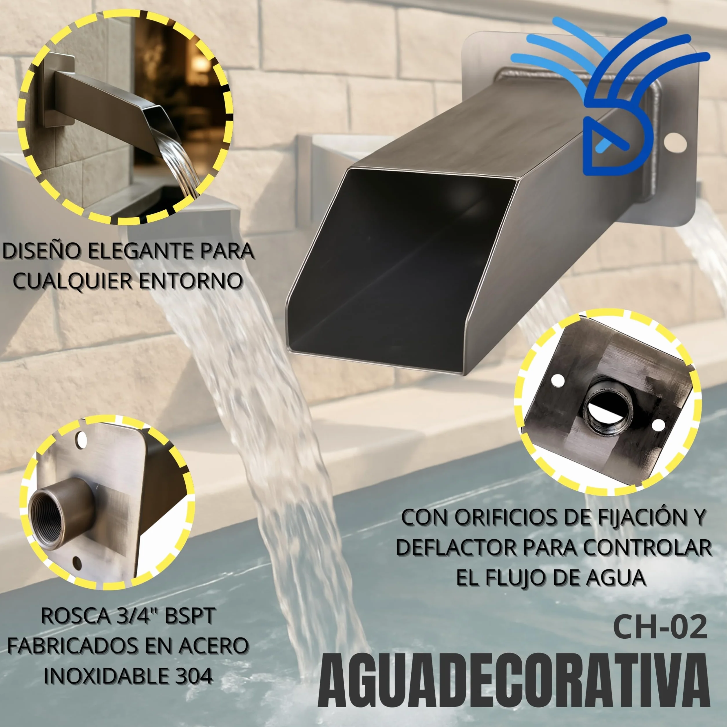 Boquillas para Fuente de Agua en Muro Caño de Pared Efecto Cascada Decoración Piscina AGUADECORATIVA CH-02