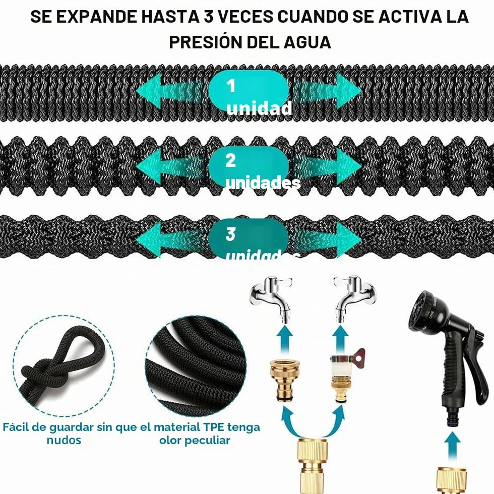 Manguera de Jardín Extensible 15 Metros 3/4" 1/2" 8 Funciones de Riego