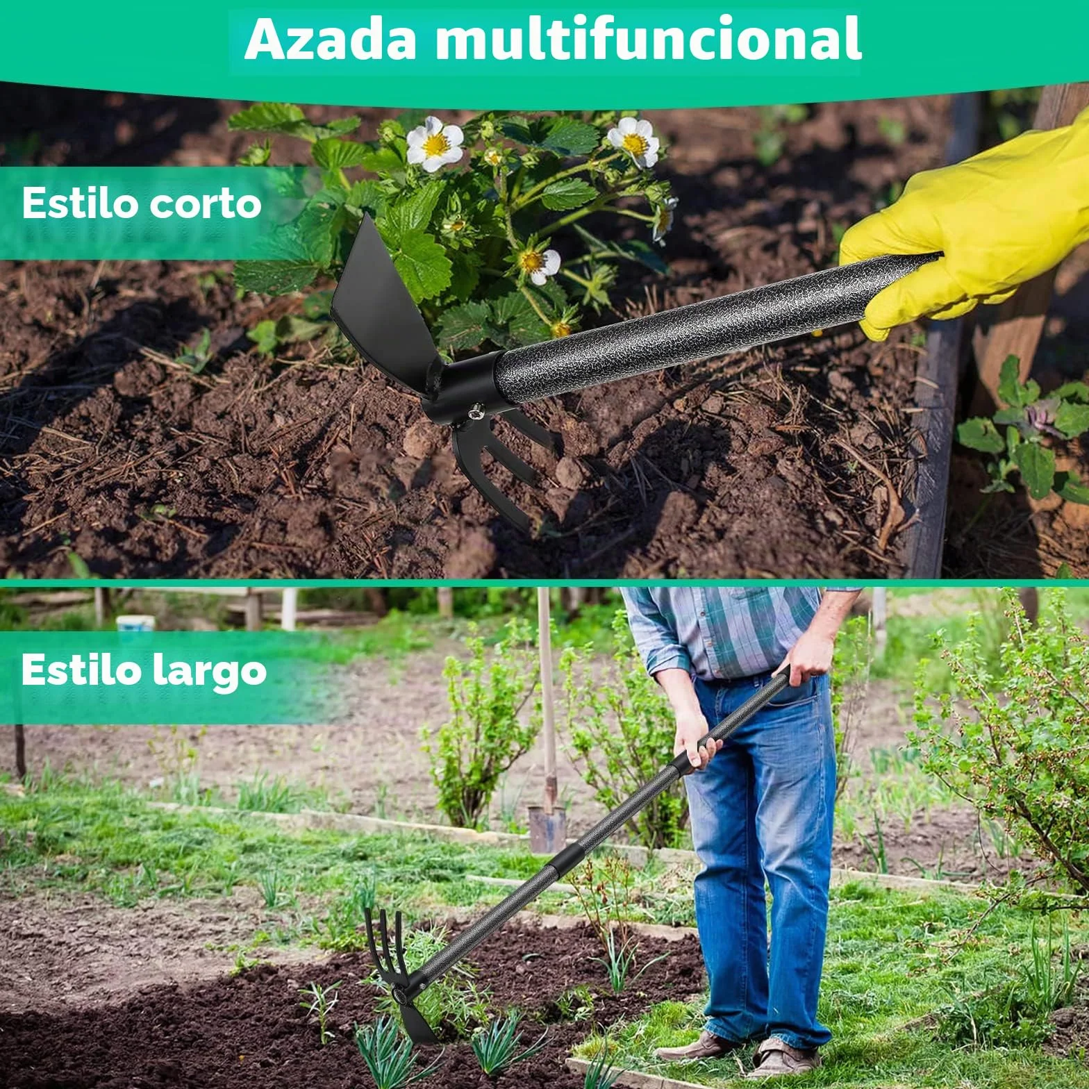Cultivador de jardín y azada doble ajustable 2 en 1 de acero 45 pulgadas