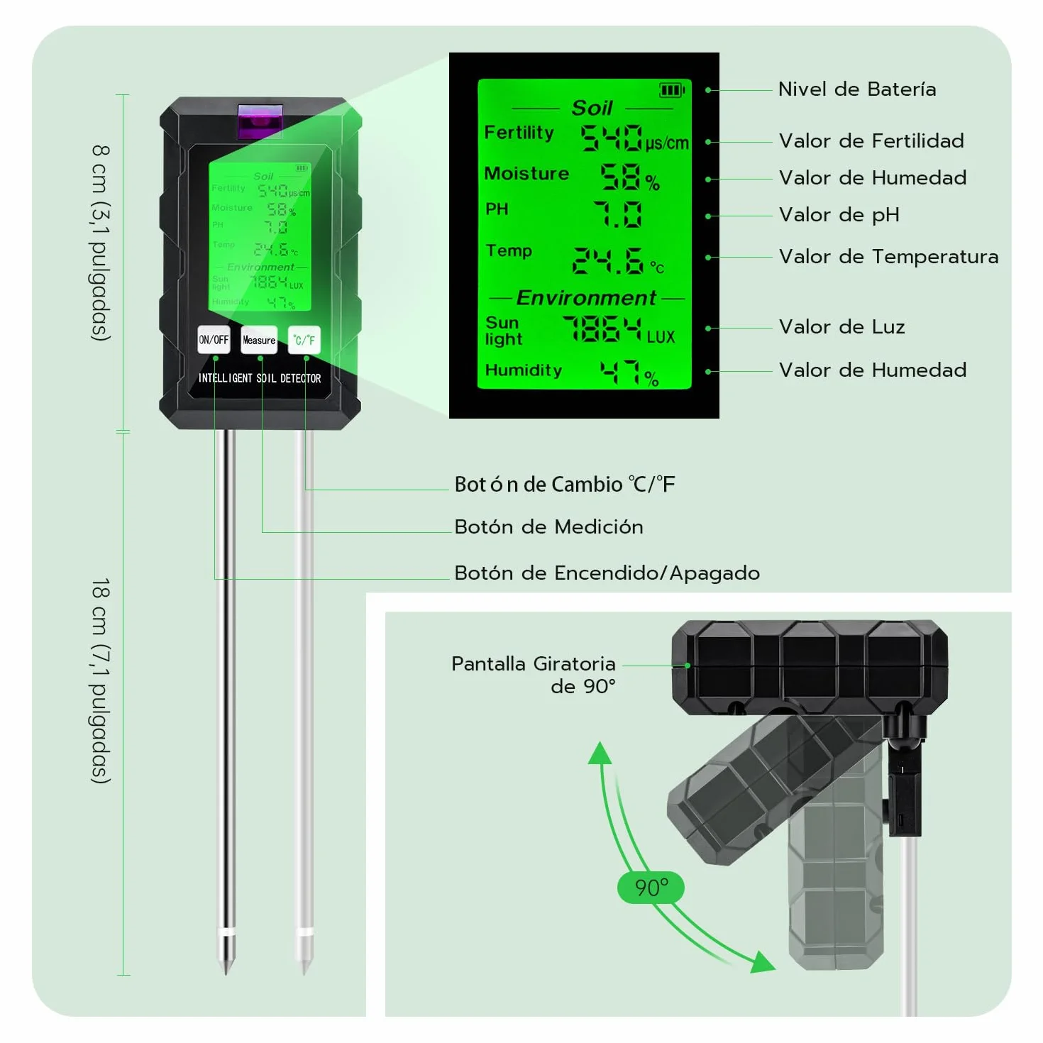 Wigearss Medidor de Suelo 6 en 1, Medidor de Fertilidad del Suelo/Luz Solar/Humedad Ambiental/pH/Temperatura con Pantalla LCD