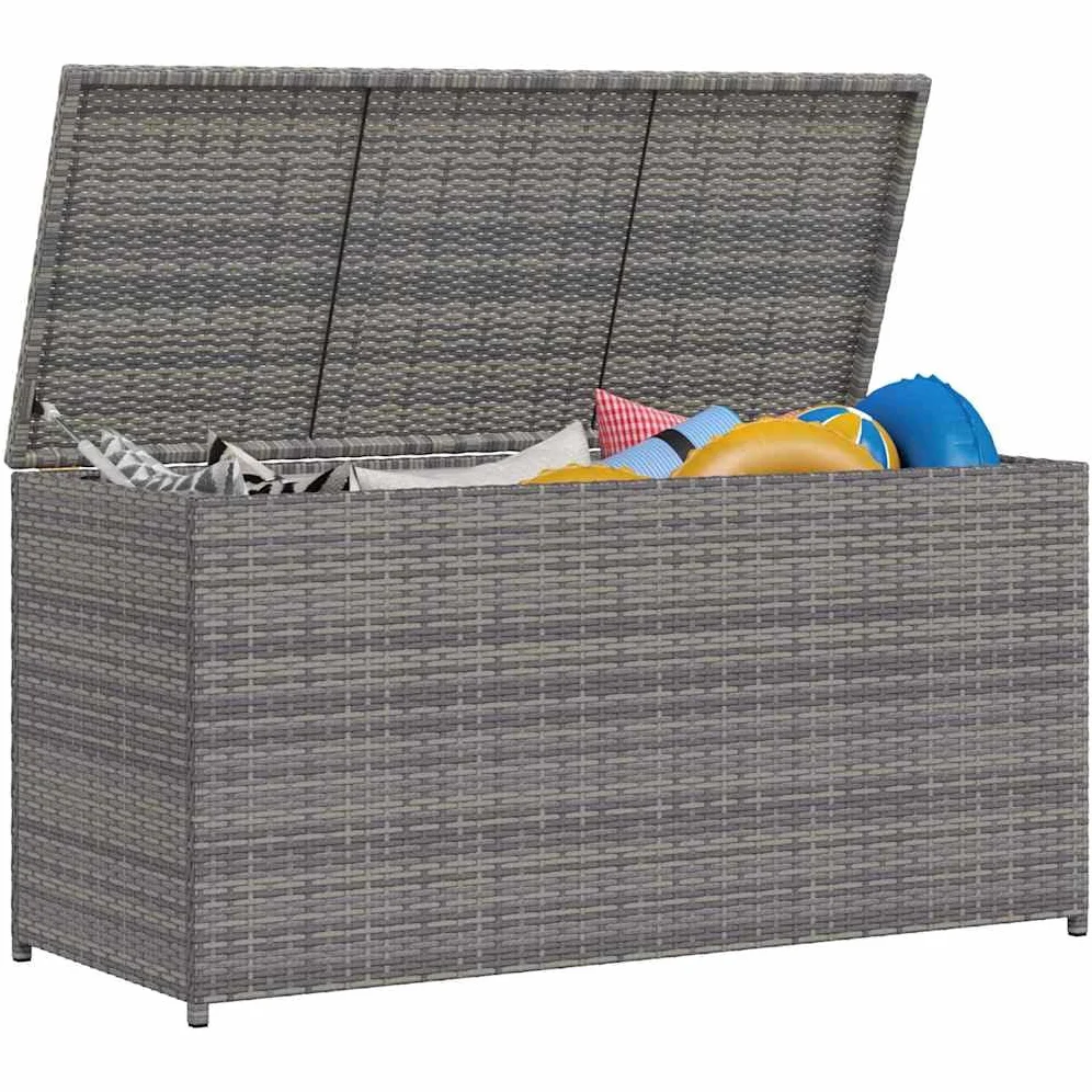 Caja para cojines de jardín gris 120 x 50 x 60 cm, de polirratán con bolsillo interior para cojines, cojines, mantas, cojines de asiento, juguetes y libros, resistente a la intemperie,