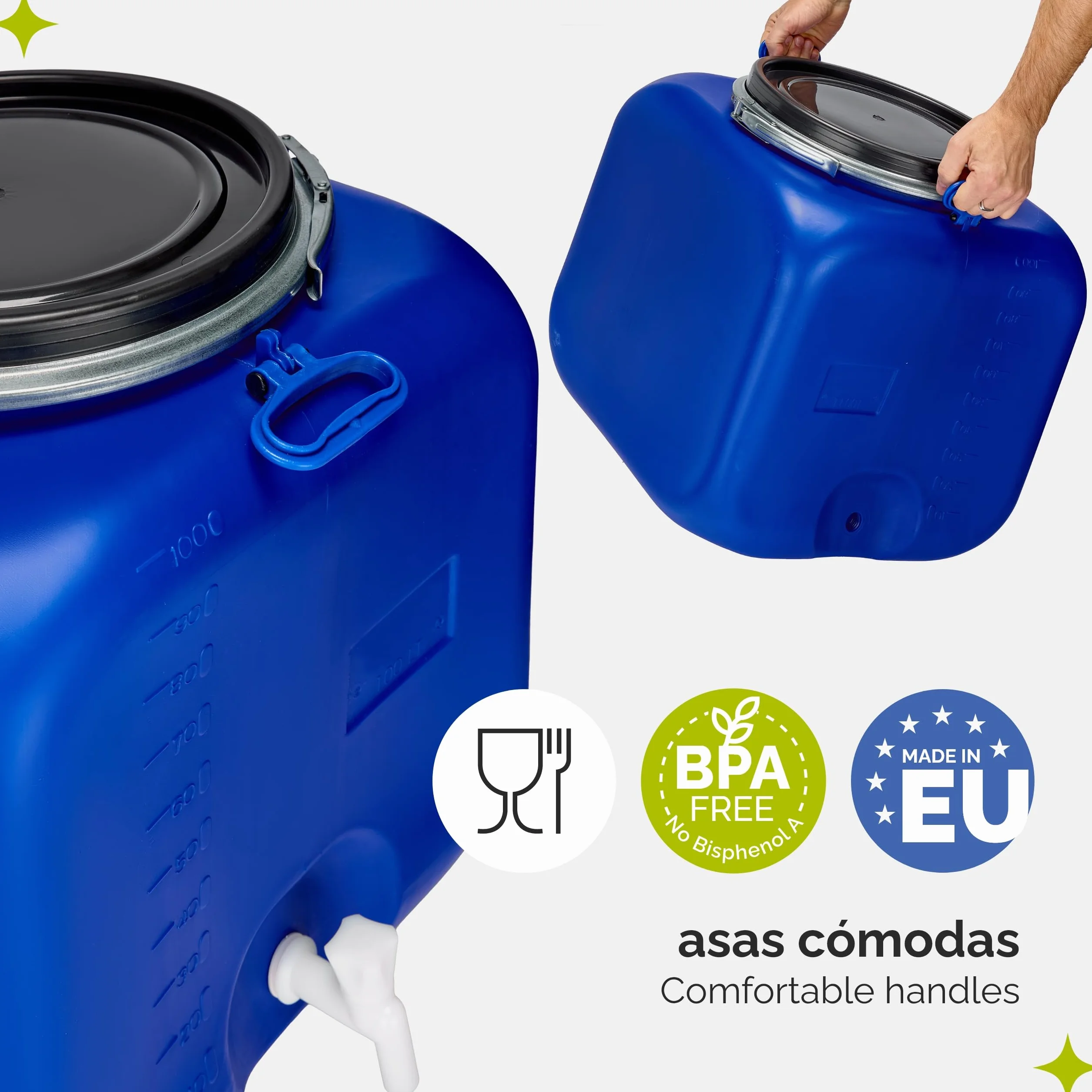 Barril de Agua de Lluvia 100 litros Cuadrado con Tapa y Grifo Boca Ancha Azul