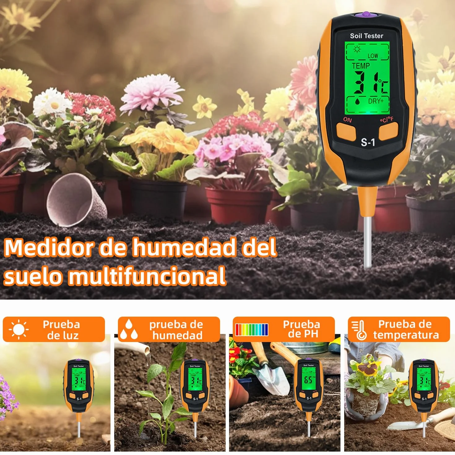 Mcbazel Medidor de Suelo 4 en 1, Probador de pH Humedad Temperatura Luz con Pantalla LCD