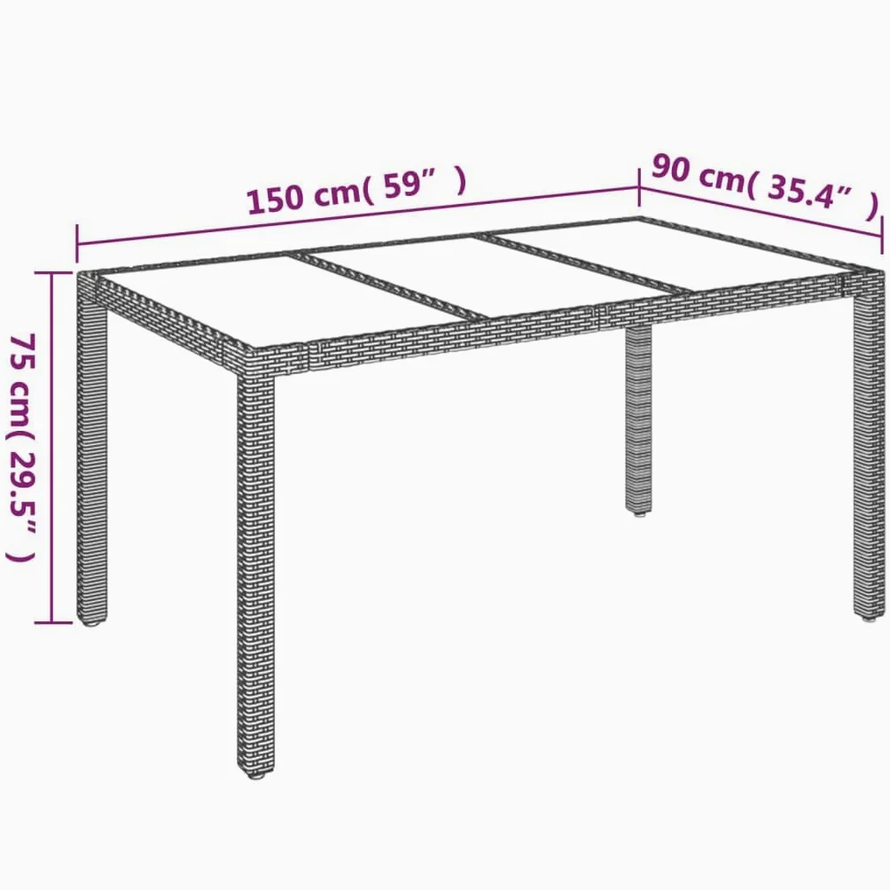 Mesa de jardín de ratán de polirratán, color negro, 150 x 90 x 75 cm, con placa de cristal duro, marco de acero pulverizado, diseño impermeable para terraza y jardín, fácil montaje