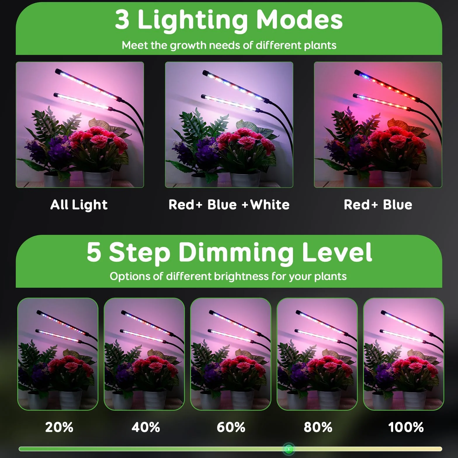 Lámpara para plantas 2 cabezales, luz crecimiento espectro completo interior, temporizador 6/12/18h Rojo+Azul