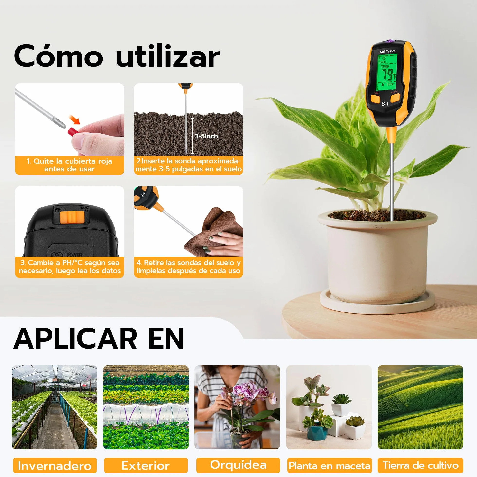 Medidor de Humedad Suelo 4 en 1, Termómetro Digital para Plantas con Pantalla LCD, Medidor de pH y Luz Solar para Jardinería