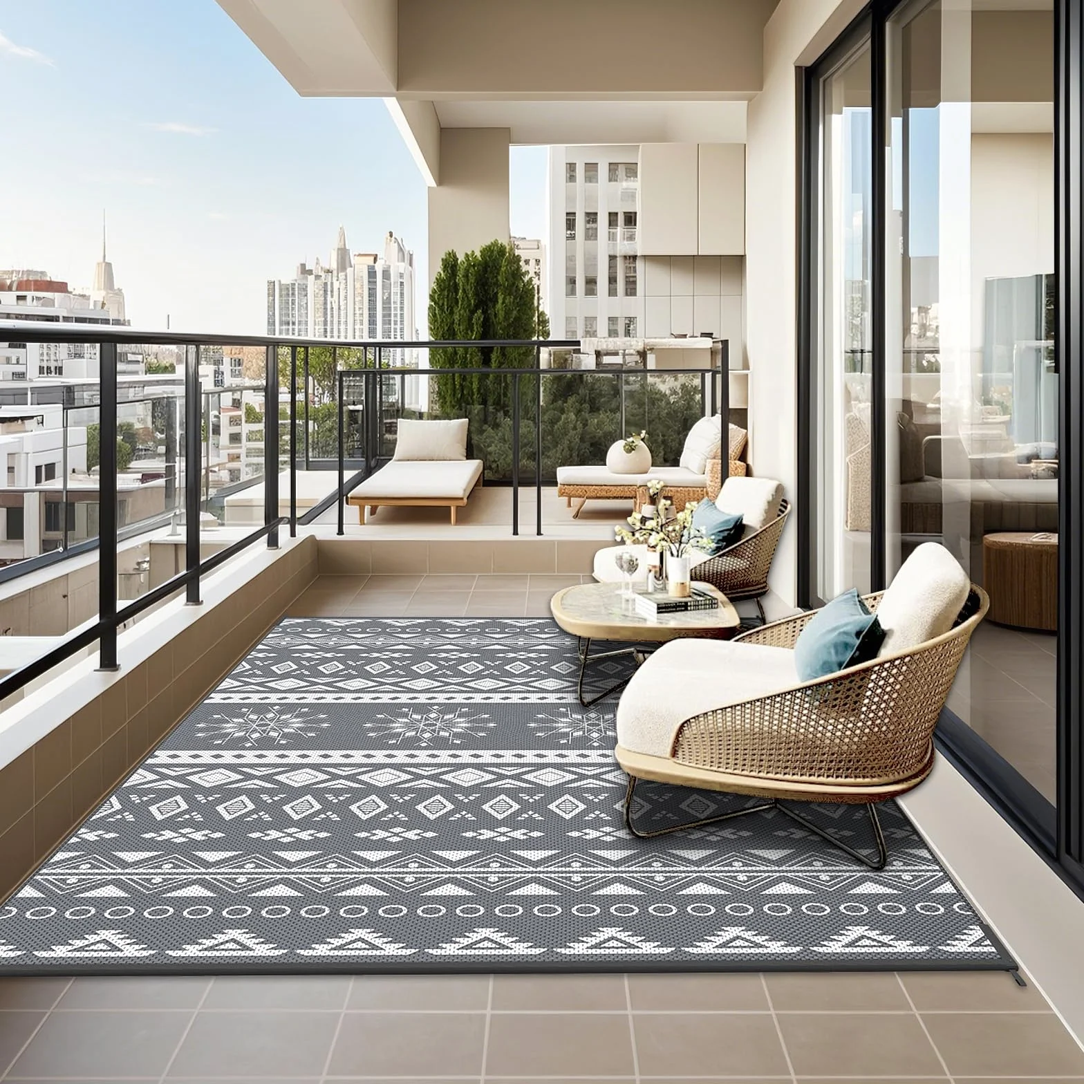 MOKANI Alfombra exterior impermeable reversible 150x240 cm plástico grande UV resistente
