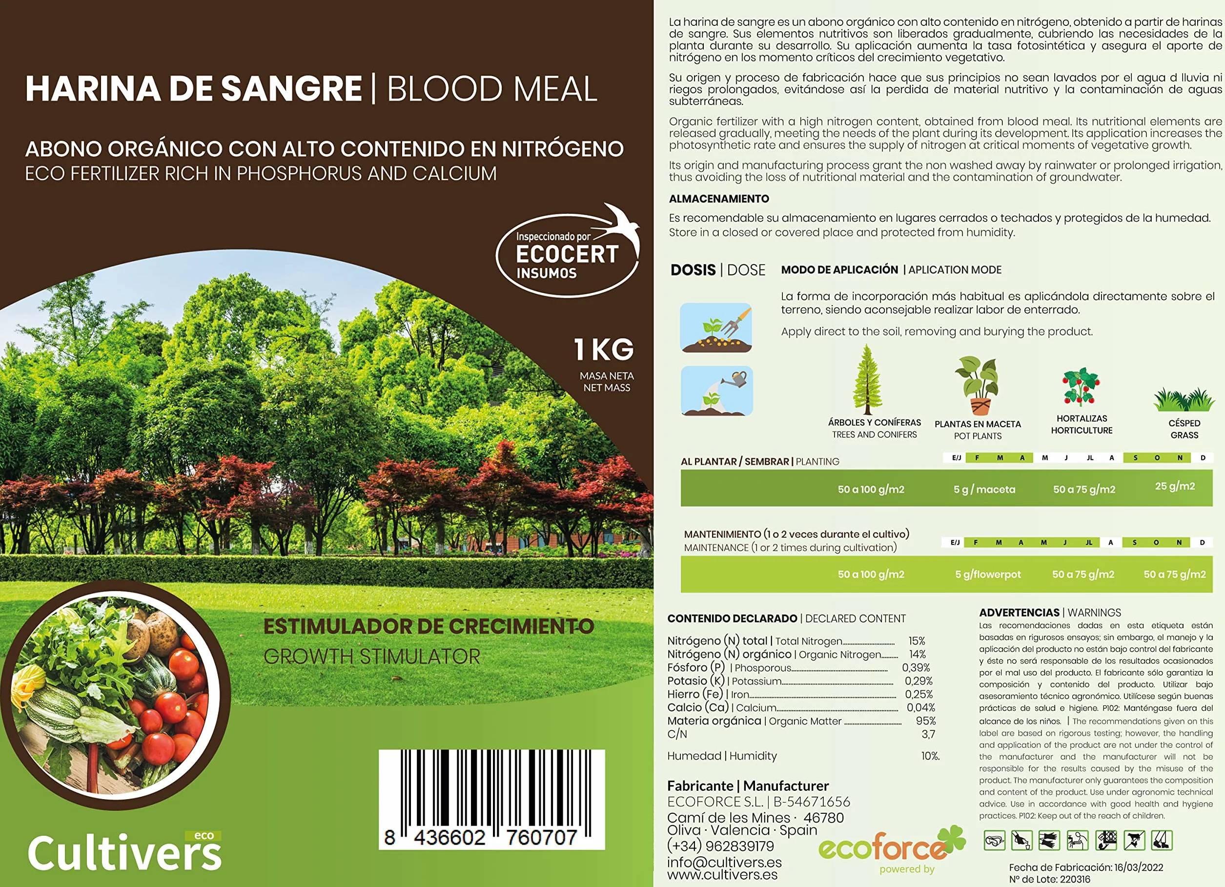CULTIVERS Harina de Sangre 1 kg Abono Ecológico Fertilizante Nitrógeno