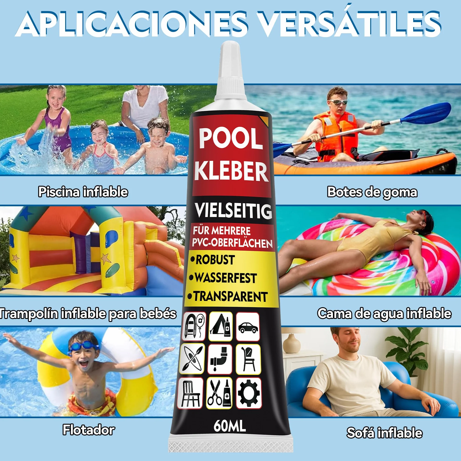 Pegamento para Piscinas Desmontables y Liners, Adhesivo PVC para Reparar Artículos Inflables
