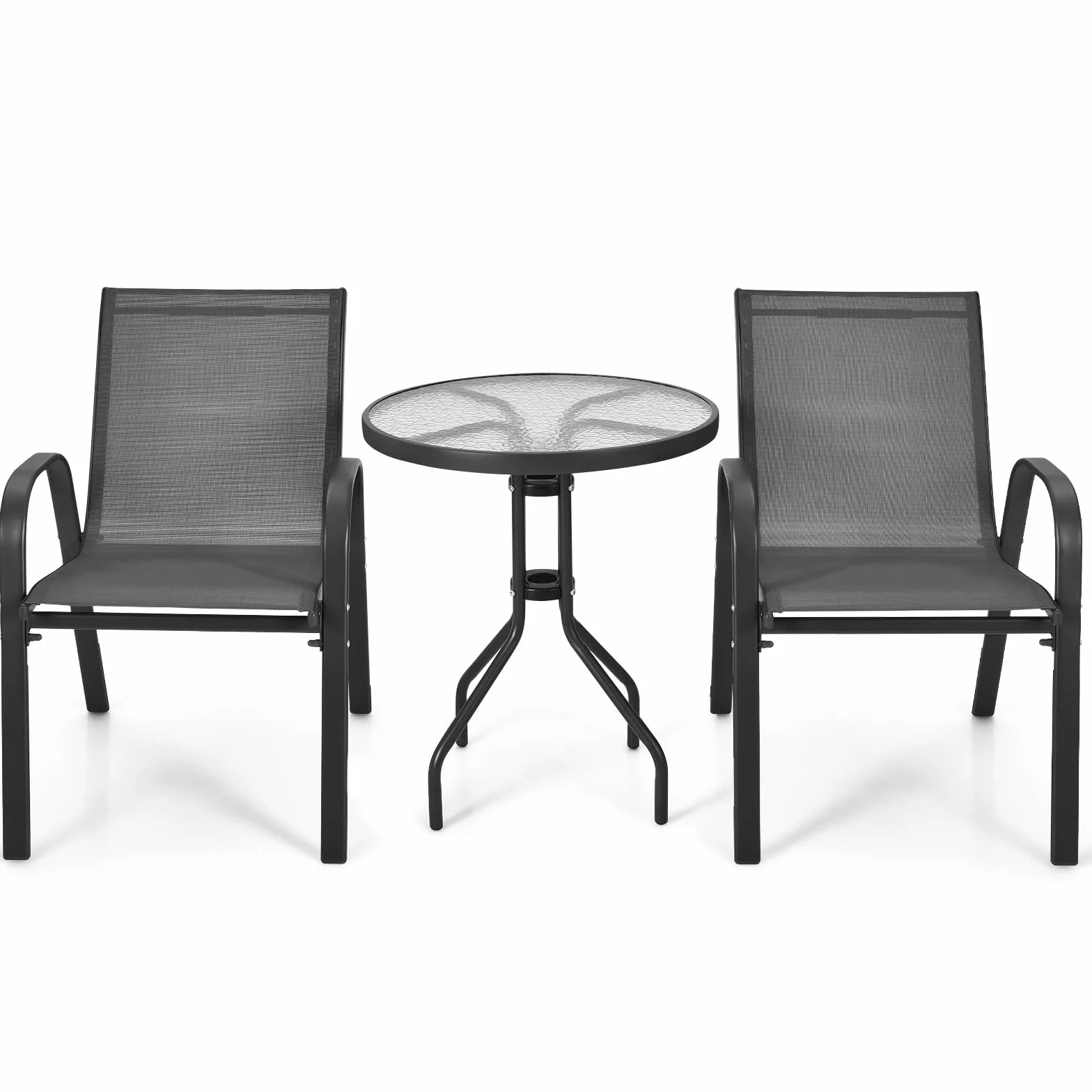 GIANTEX Conjunto de Muebles de Jardín 3 Piezas, Sillas Apilables, Marco de Metal, Mesa de Café con Tablero de Vidrio, Negro
