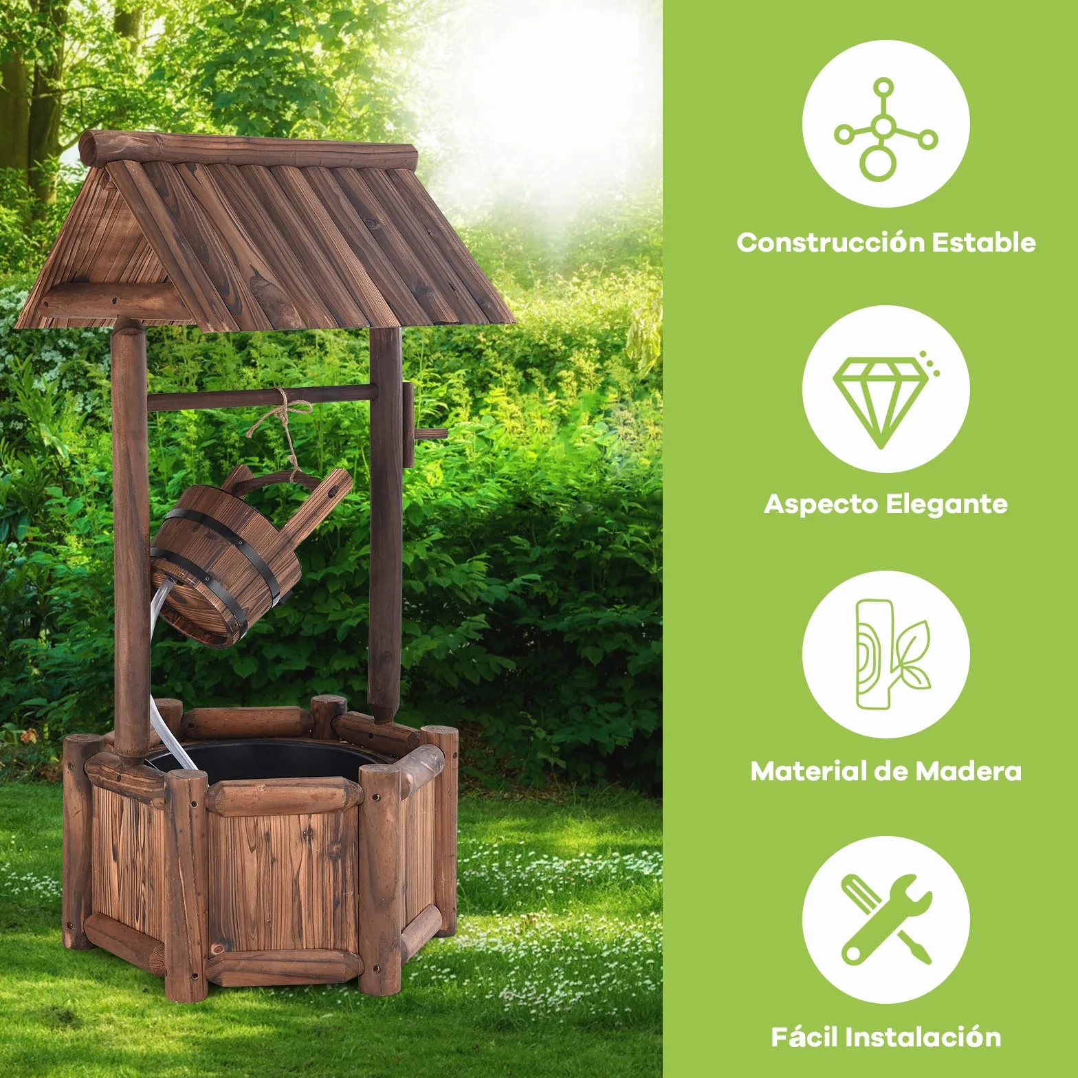 COSTWAY Fuente de Pozo de Deseos de Agua, Rústica de Madera al Aire Libre de Jardín, Decorativa de Patio Con Bomba Eléctrica