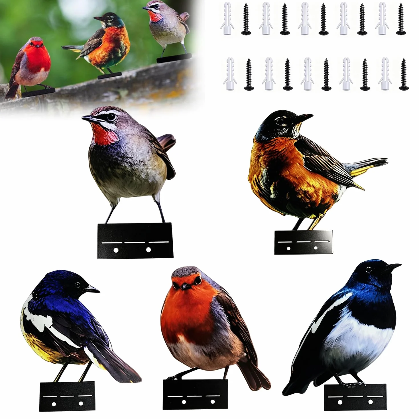 Set 5 Piezas Decoracion Jardin Exterior con Adornos Jardin Exterior de Metal y Pájaro Jardín Pintado Vintage Estampado Doble Cara con Tornillos para Decoración de Pared o Valla