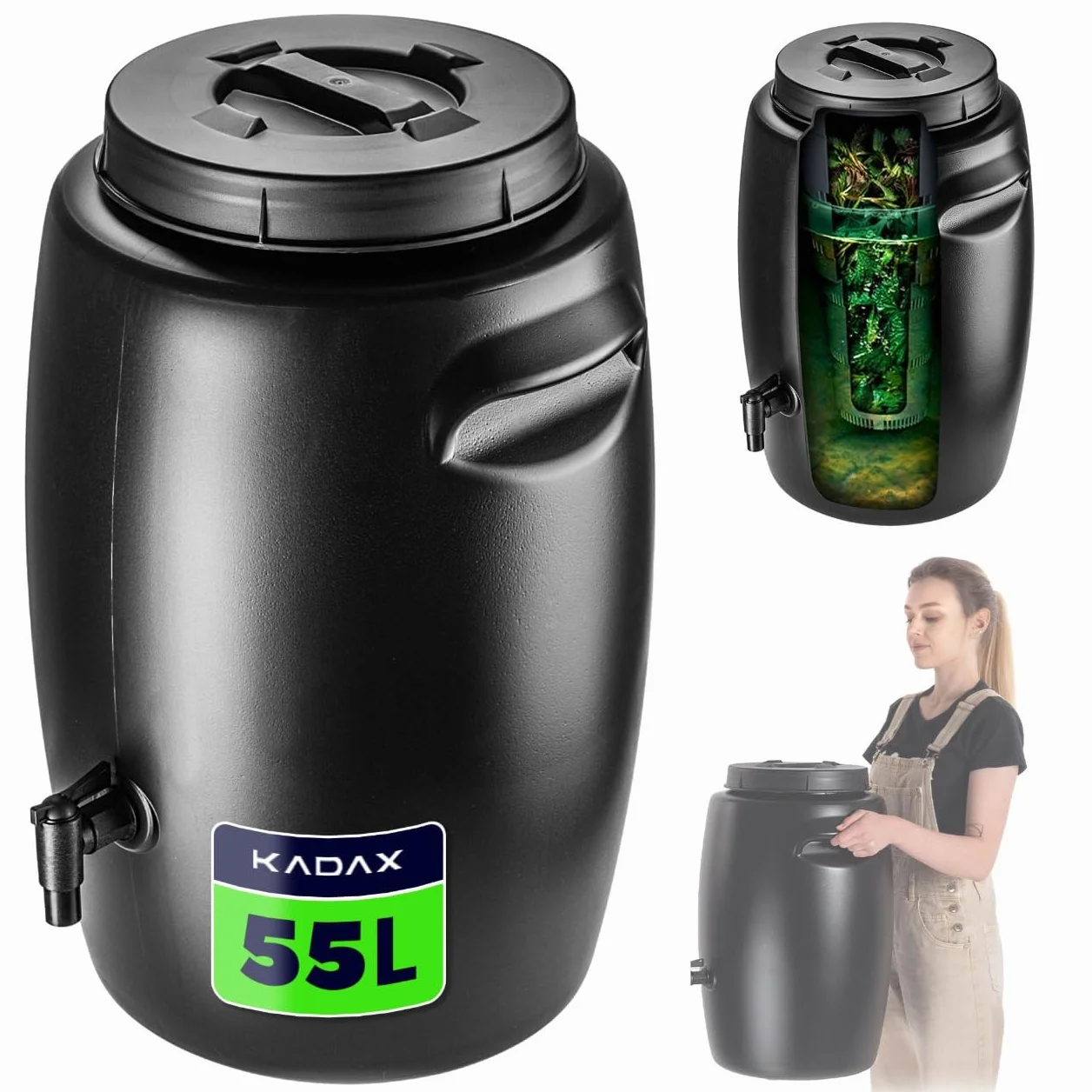 KADAX Barril para la producción de fertilizantes orgánicos, barril de fertilizante de plástico, recipiente para depósito de fertilizantes, barril de fertilizante para la fabricación de licor (negro