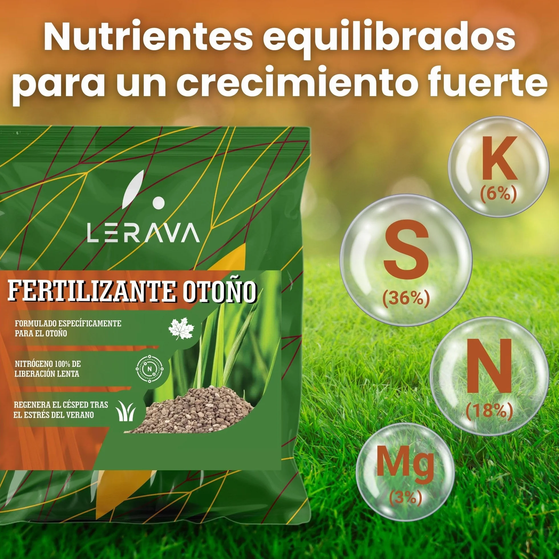 LERAVA® Abono césped Otoño 185 m² Fertilizante Liberación Lenta 100% Nitrógeno